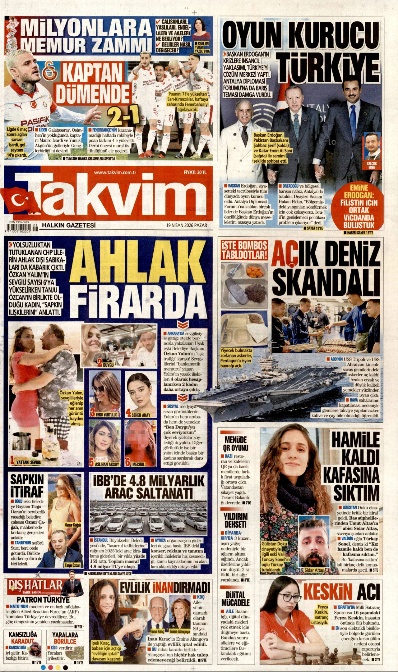 TAKVİM gazetesinin 19 Nisan 2026 tarihli birinci sayfası