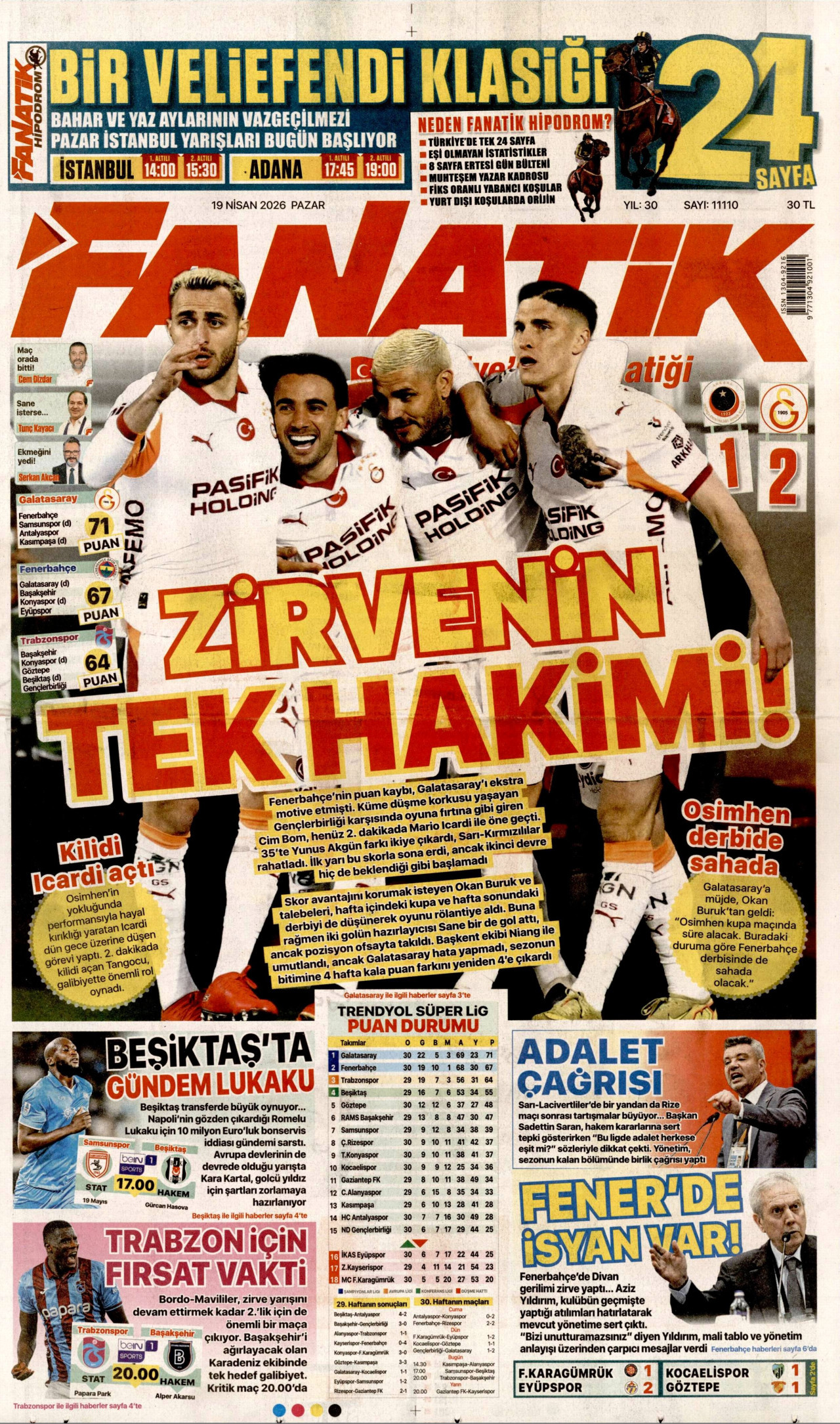 FANATİK gazetesinin 19 Nisan 2026 tarihli birinci sayfası