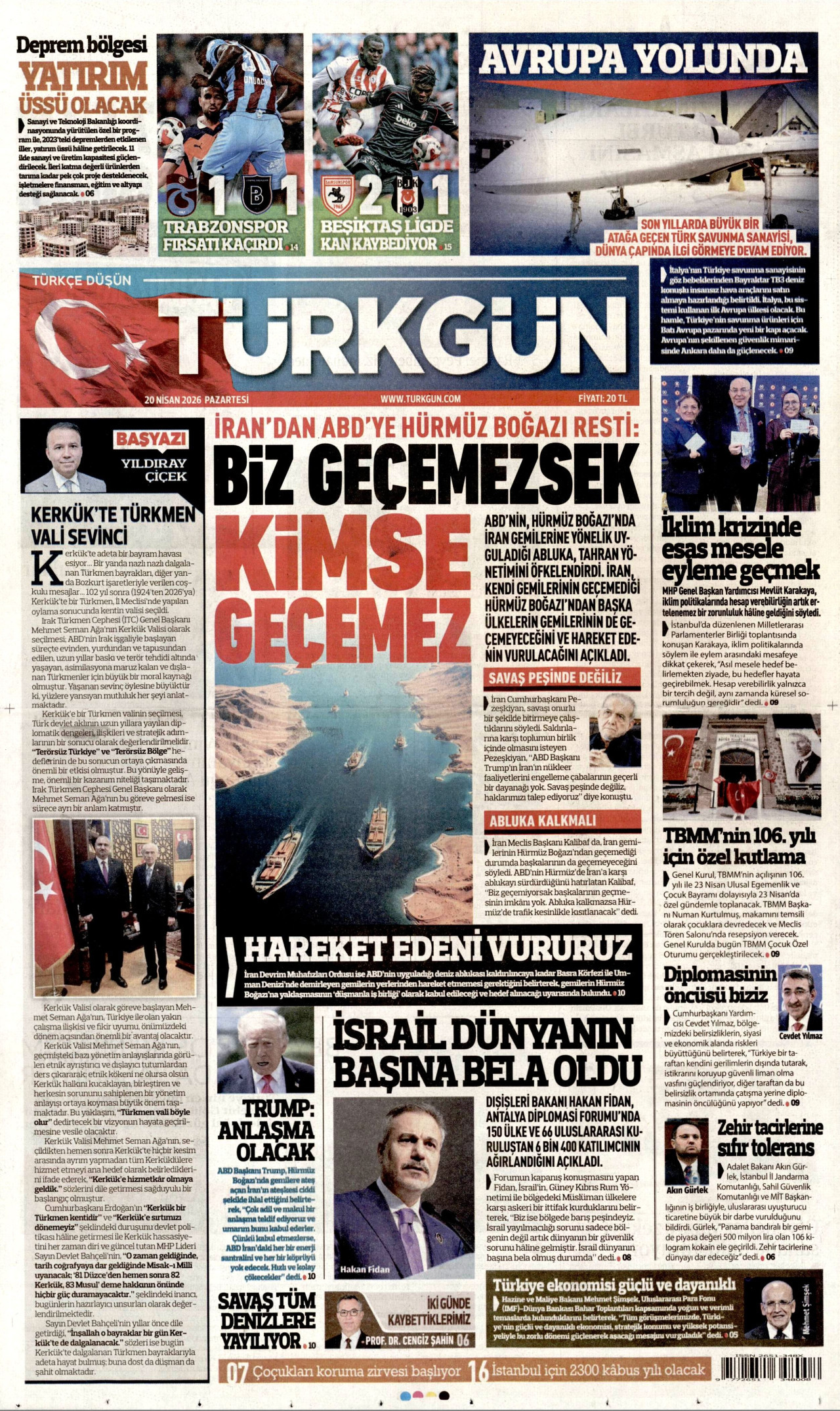 TÜRKGÜN gazetesinin 20 Nisan 2026 tarihli birinci sayfası