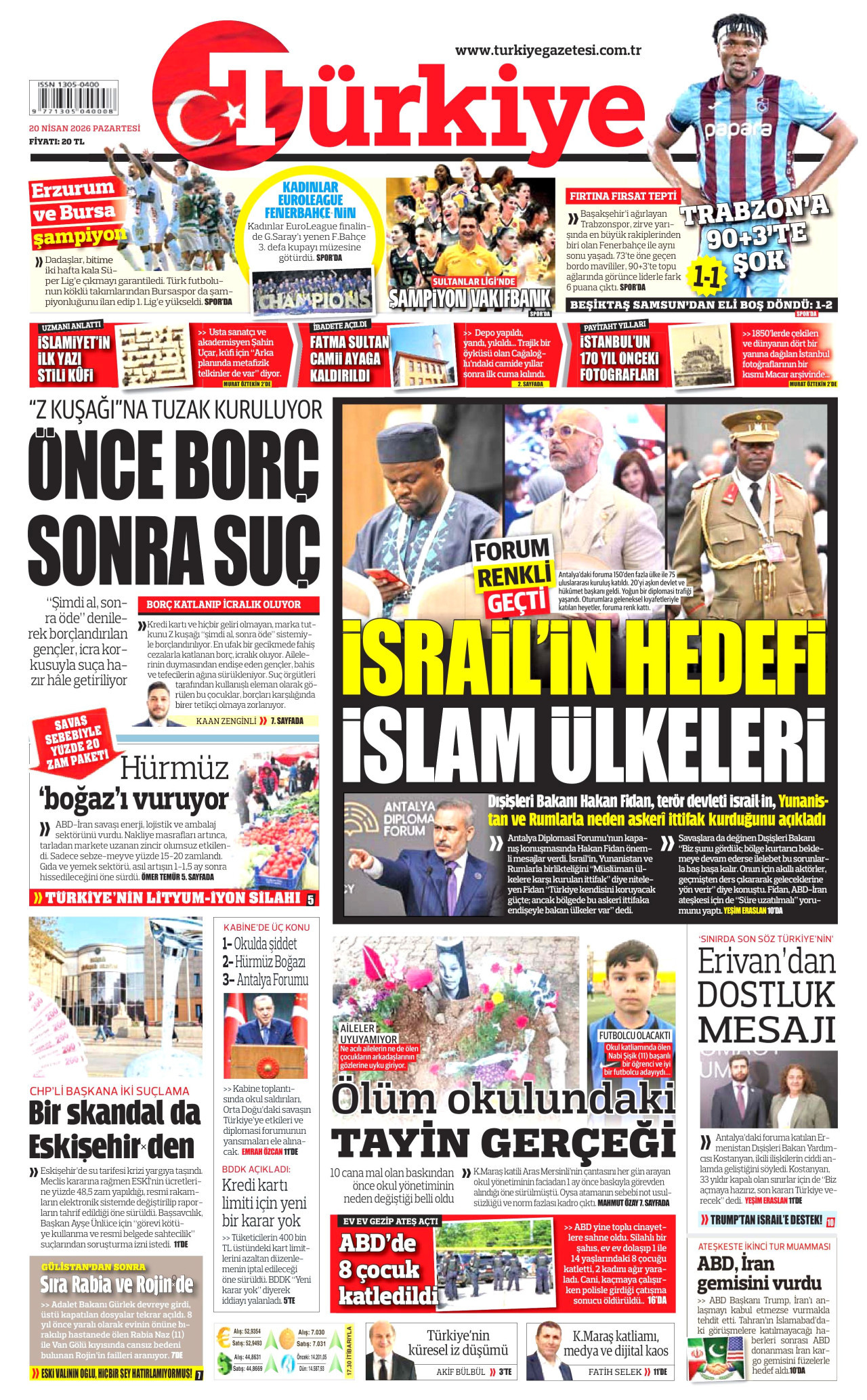 TÜRKİYE GAZETESİ gazetesinin 20 Nisan 2026 tarihli birinci sayfası