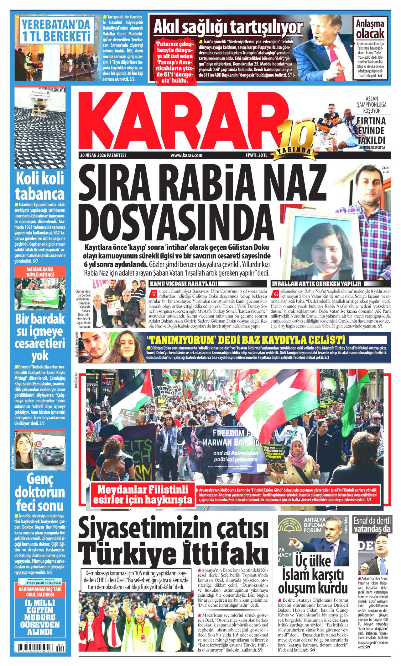 KARAR gazetesinin 20 Nisan 2026 tarihli birinci sayfası