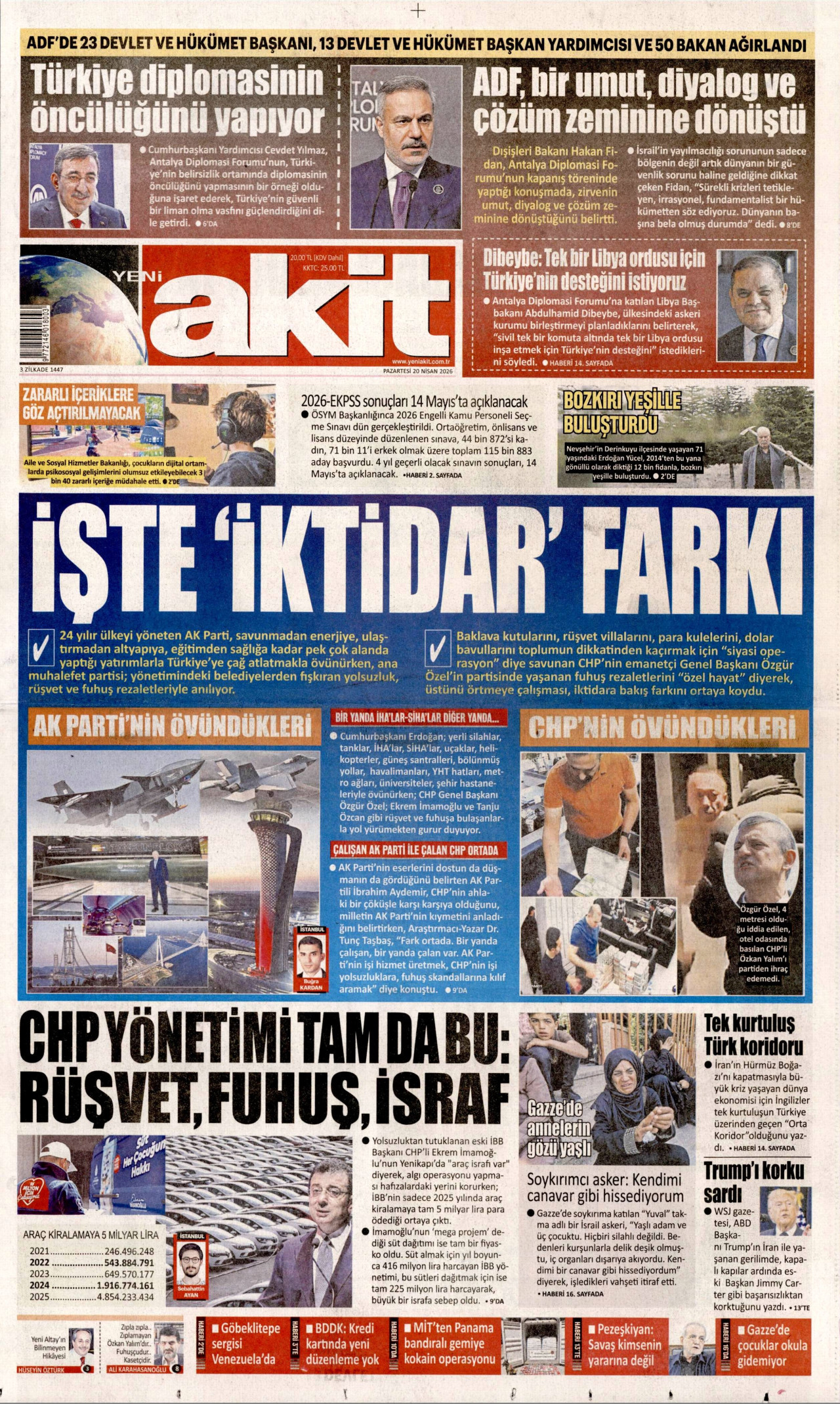 YENİ AKİT gazetesinin 20 Nisan 2026 tarihli birinci sayfası