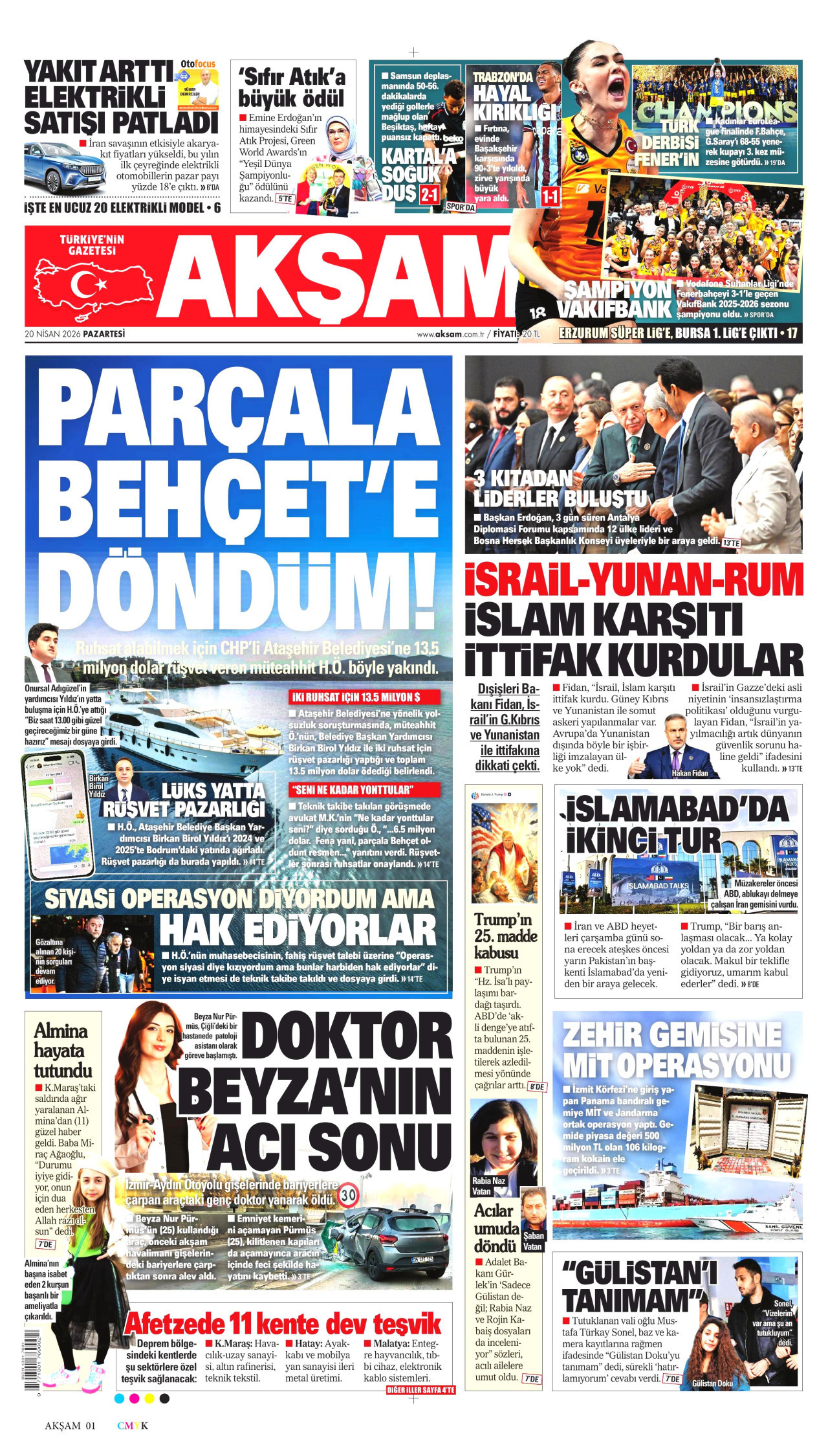 AKŞAM gazetesinin 20 Nisan 2026 tarihli birinci sayfası