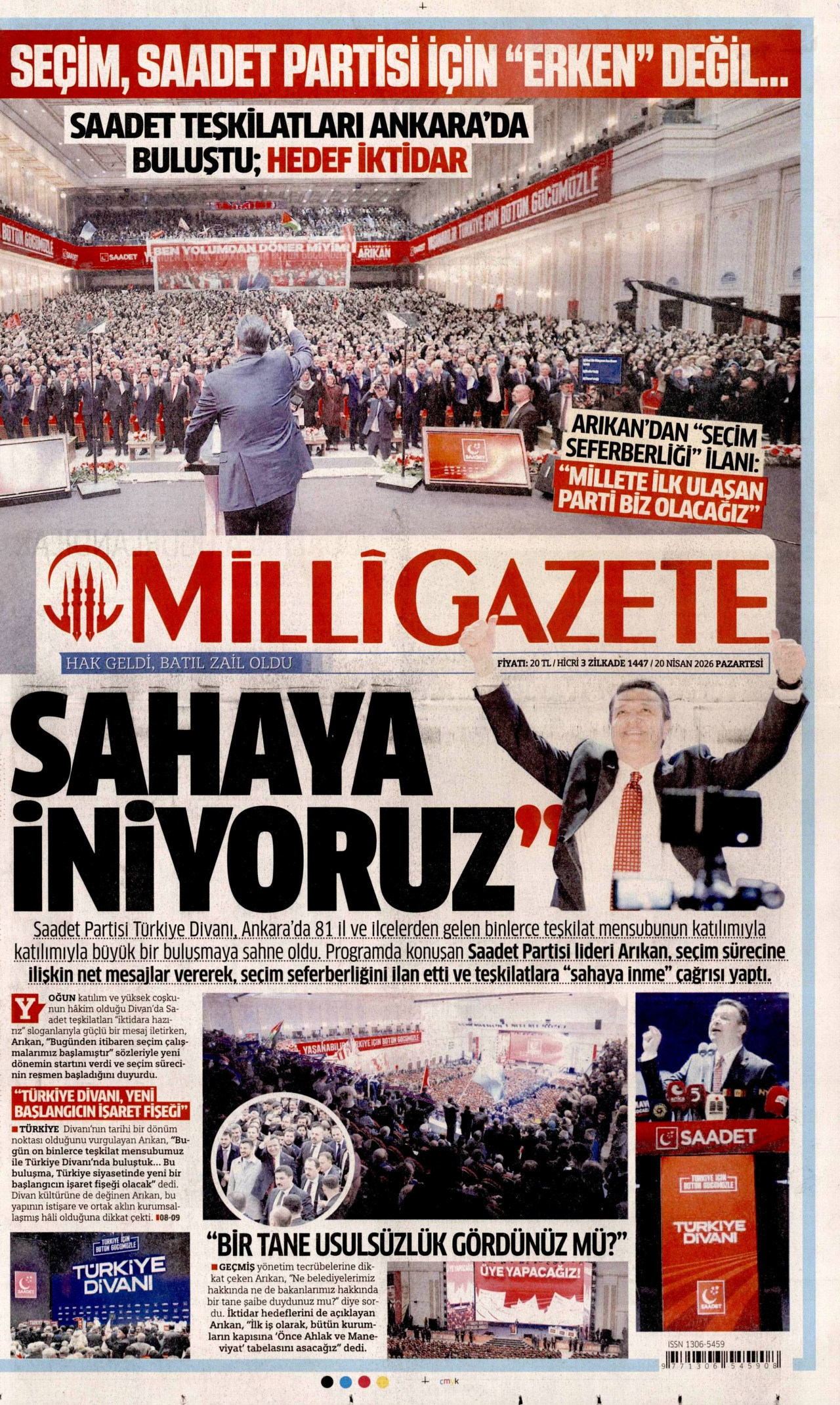 MİLLİ GAZETE gazetesinin 20 Nisan 2026 tarihli birinci sayfası