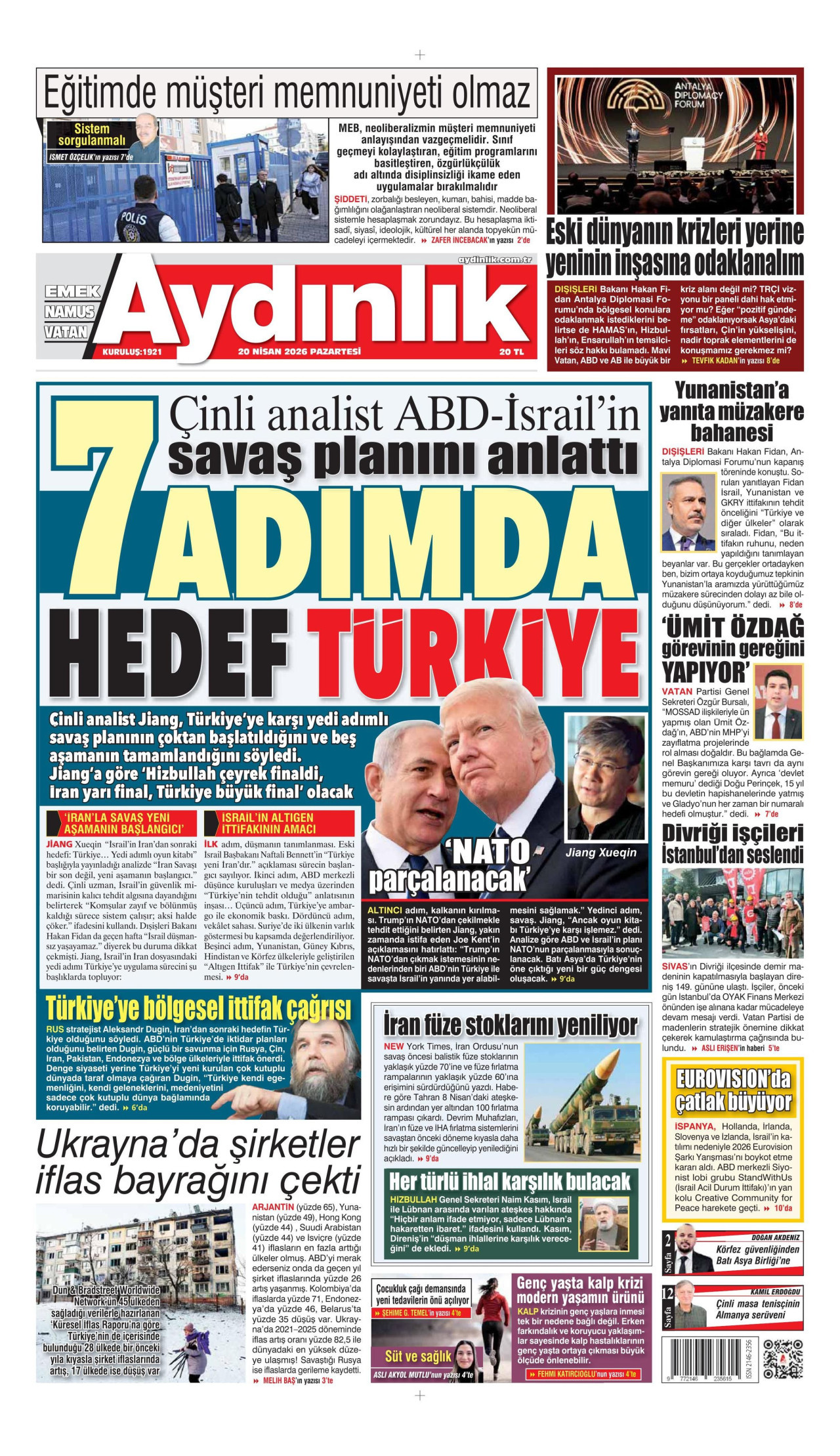 AYDINLIK GAZETESİ gazetesinin 20 Nisan 2026 tarihli birinci sayfası