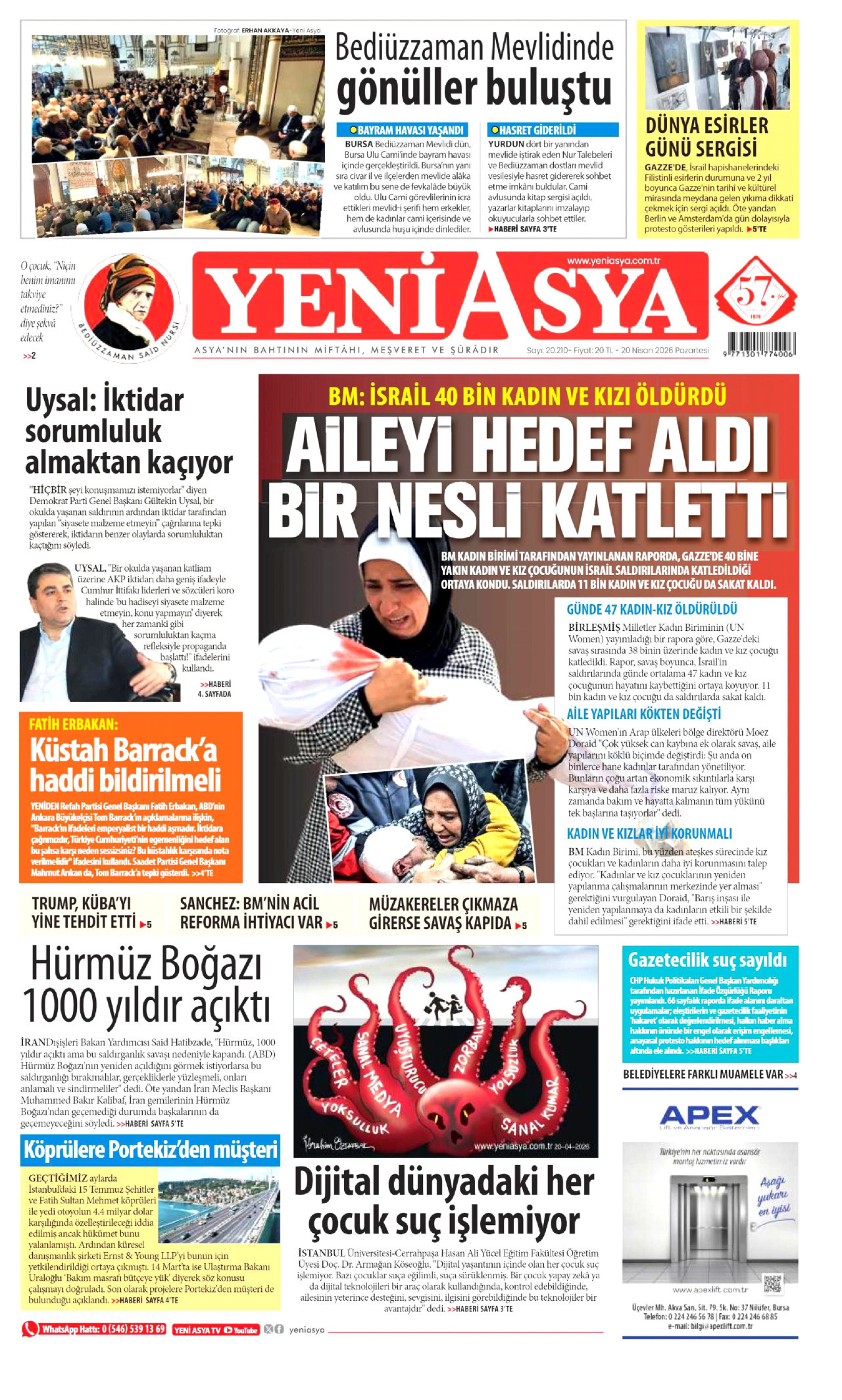 YENİ ASYA gazetesinin 20 Nisan 2026 tarihli birinci sayfası