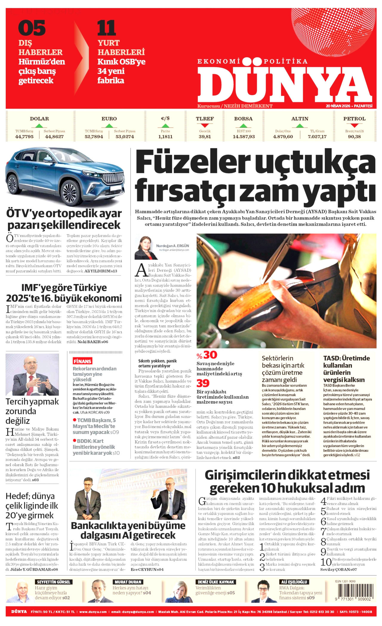 DÜNYA gazetesinin 20 Nisan 2026 tarihli birinci sayfası