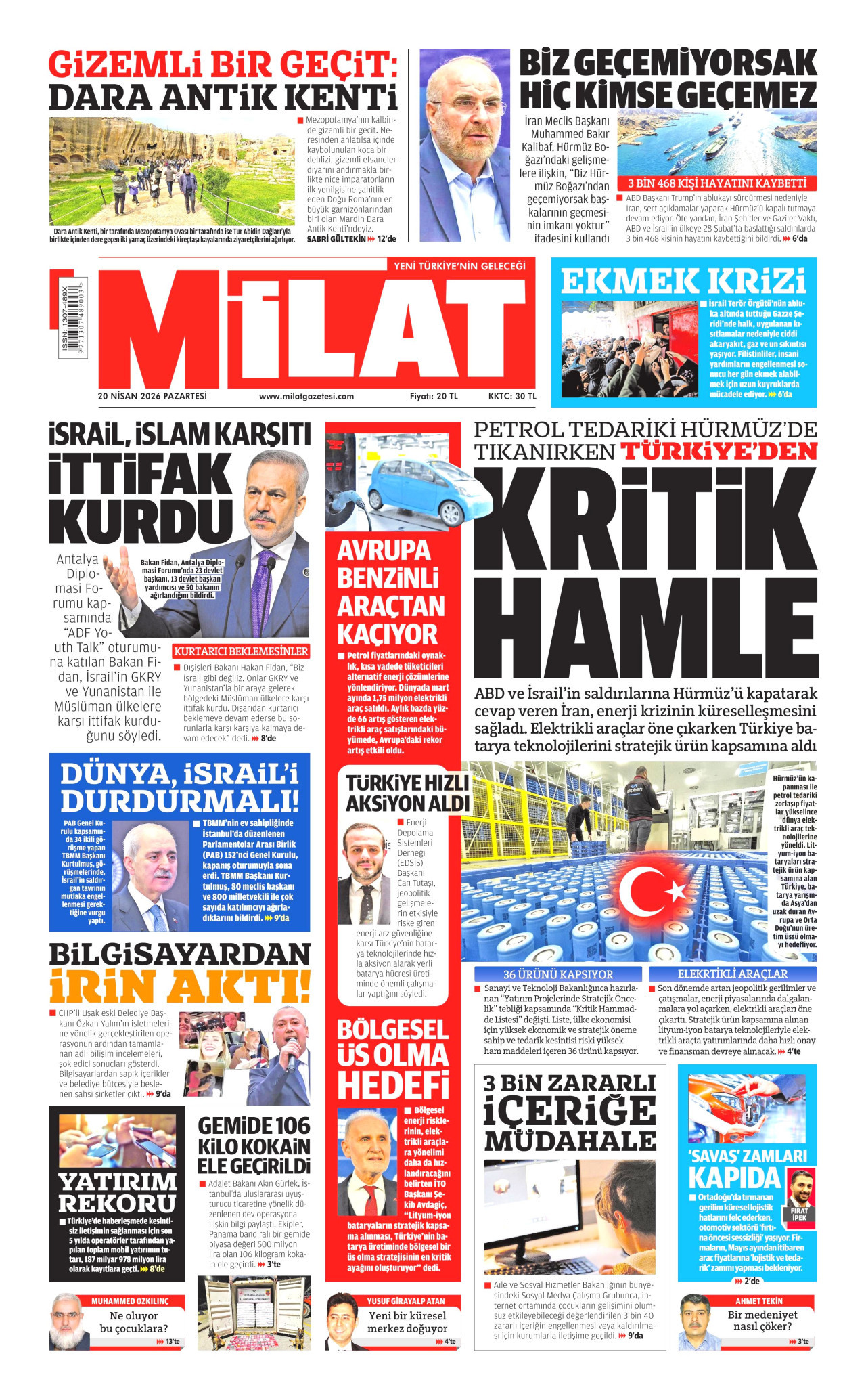 MİLAT gazetesinin 20 Nisan 2026 tarihli birinci sayfası