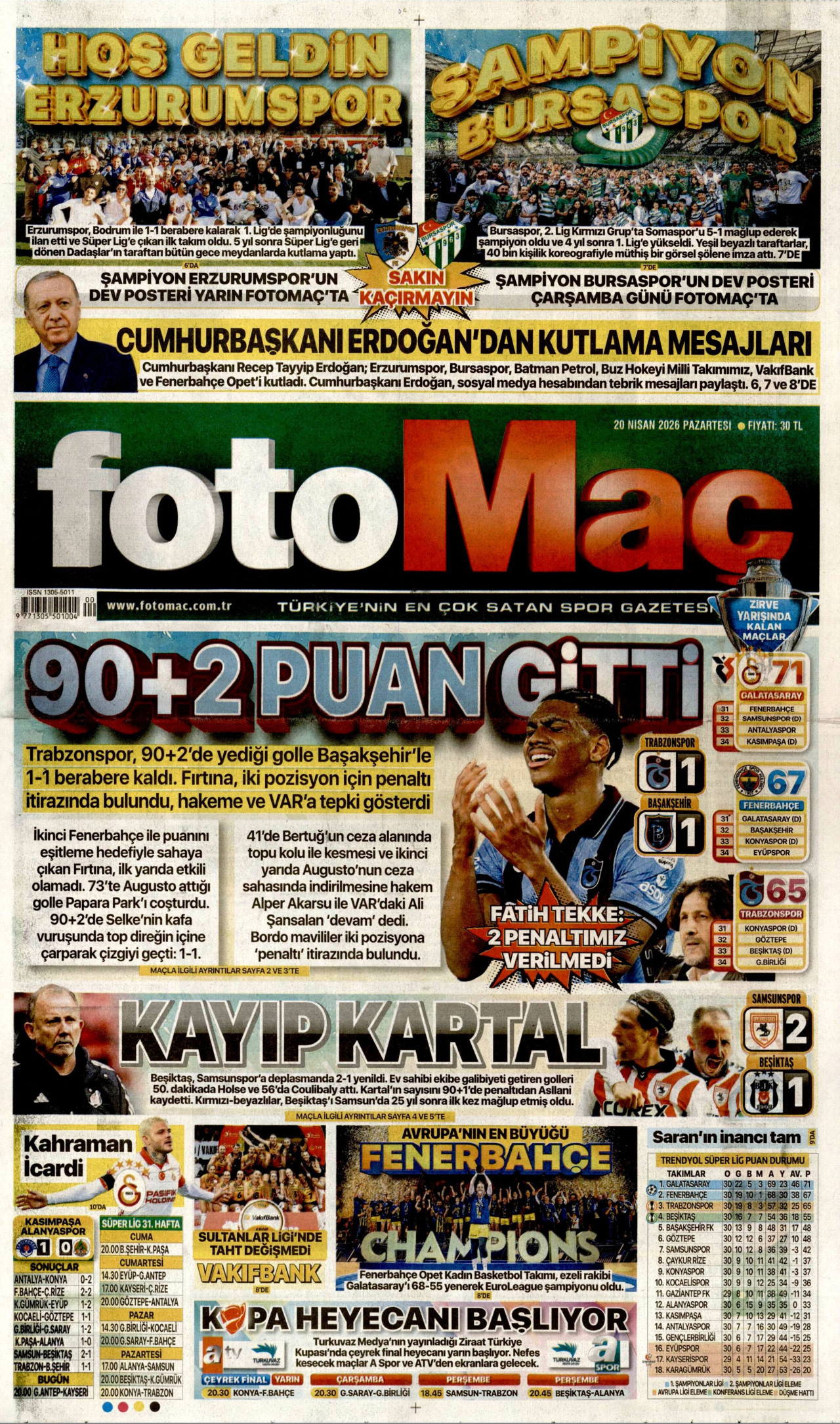 FOTOMAÇ gazetesinin 20 Nisan 2026 tarihli birinci sayfası