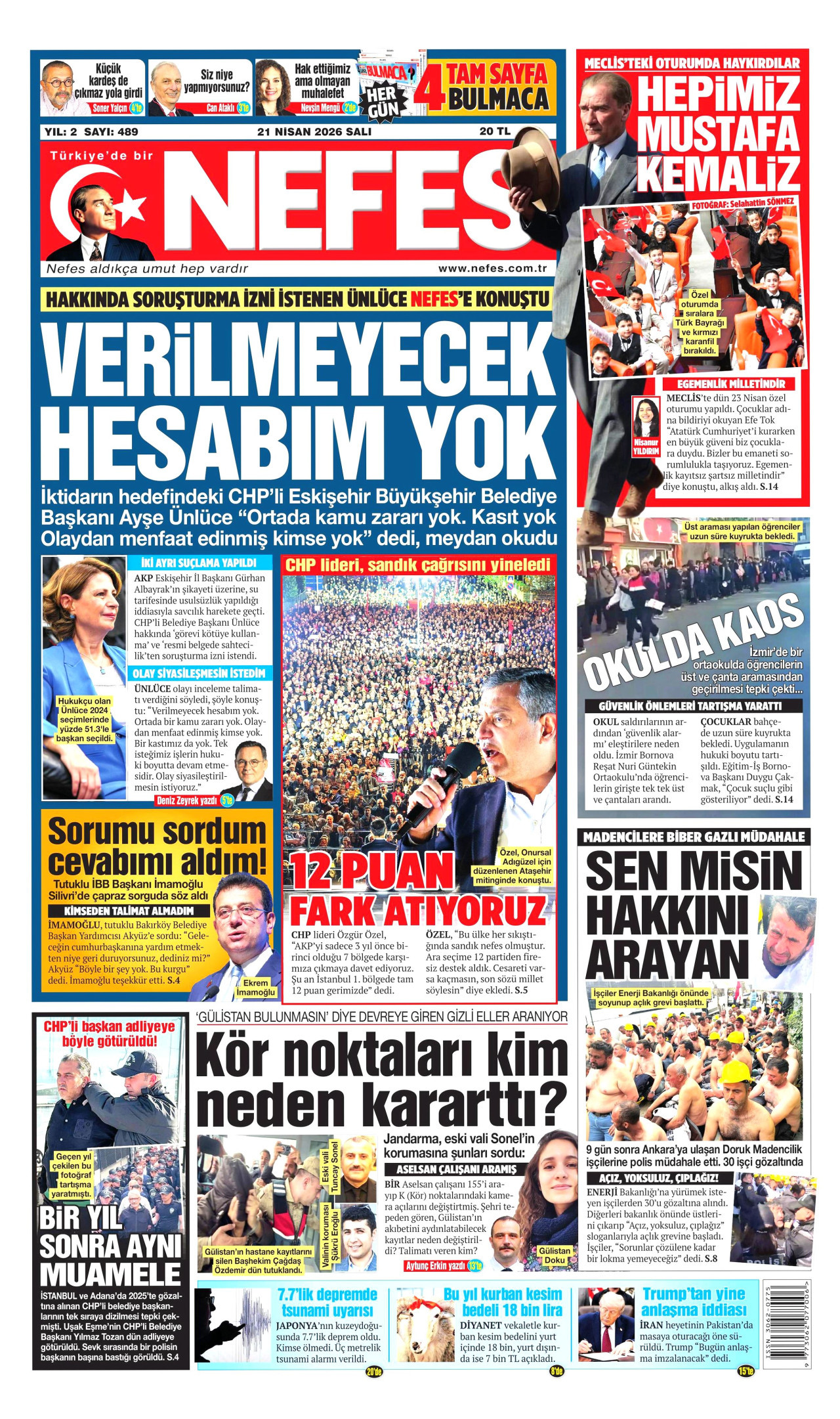 NEFES gazetesinin 21 Nisan 2026 tarihli birinci sayfası