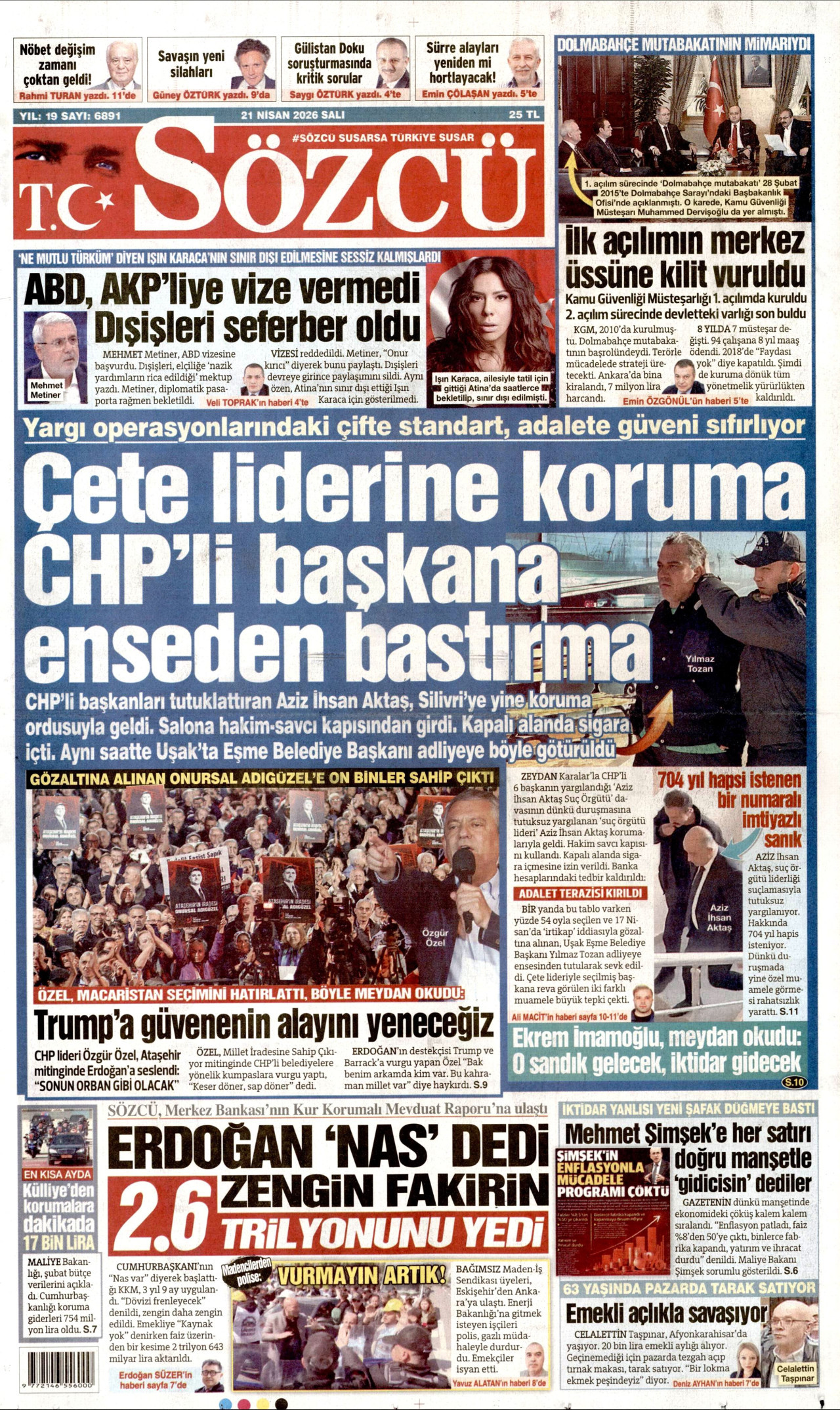 SÖZCÜ gazetesinin 21 Nisan 2026 tarihli birinci sayfası