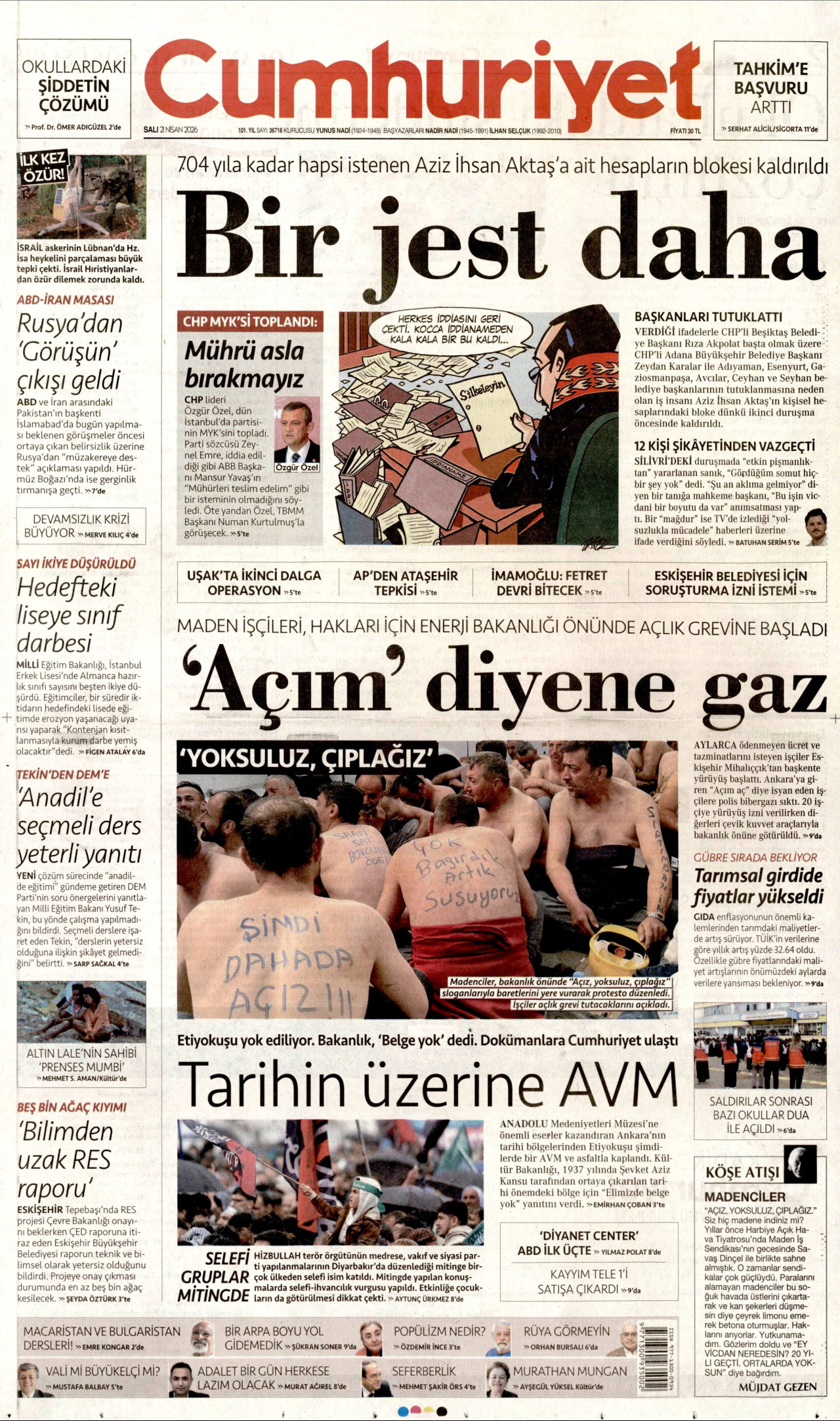 CUMHURİYET gazetesinin 21 Nisan 2026 tarihli birinci sayfası