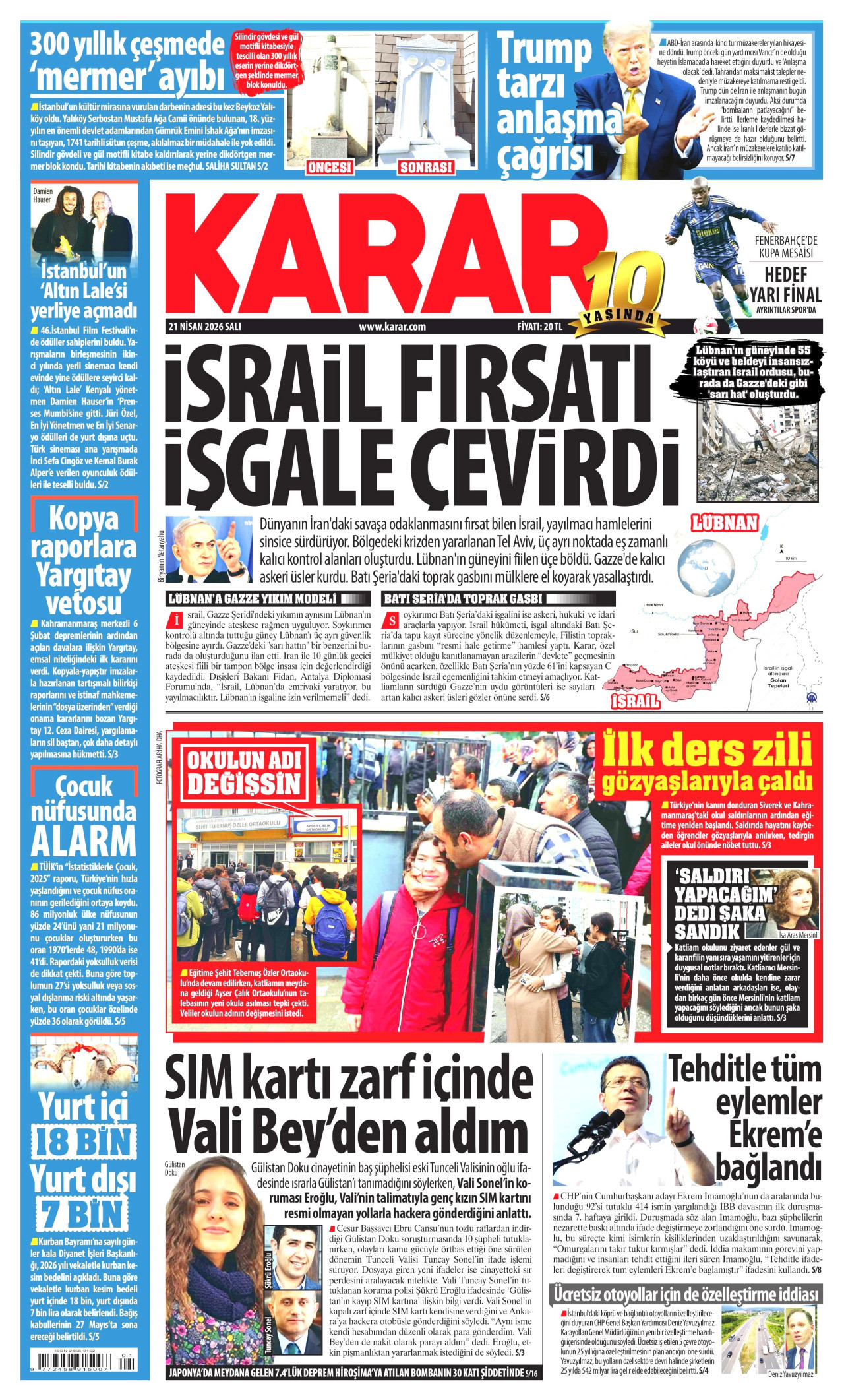 KARAR gazetesinin 21 Nisan 2026 tarihli birinci sayfası
