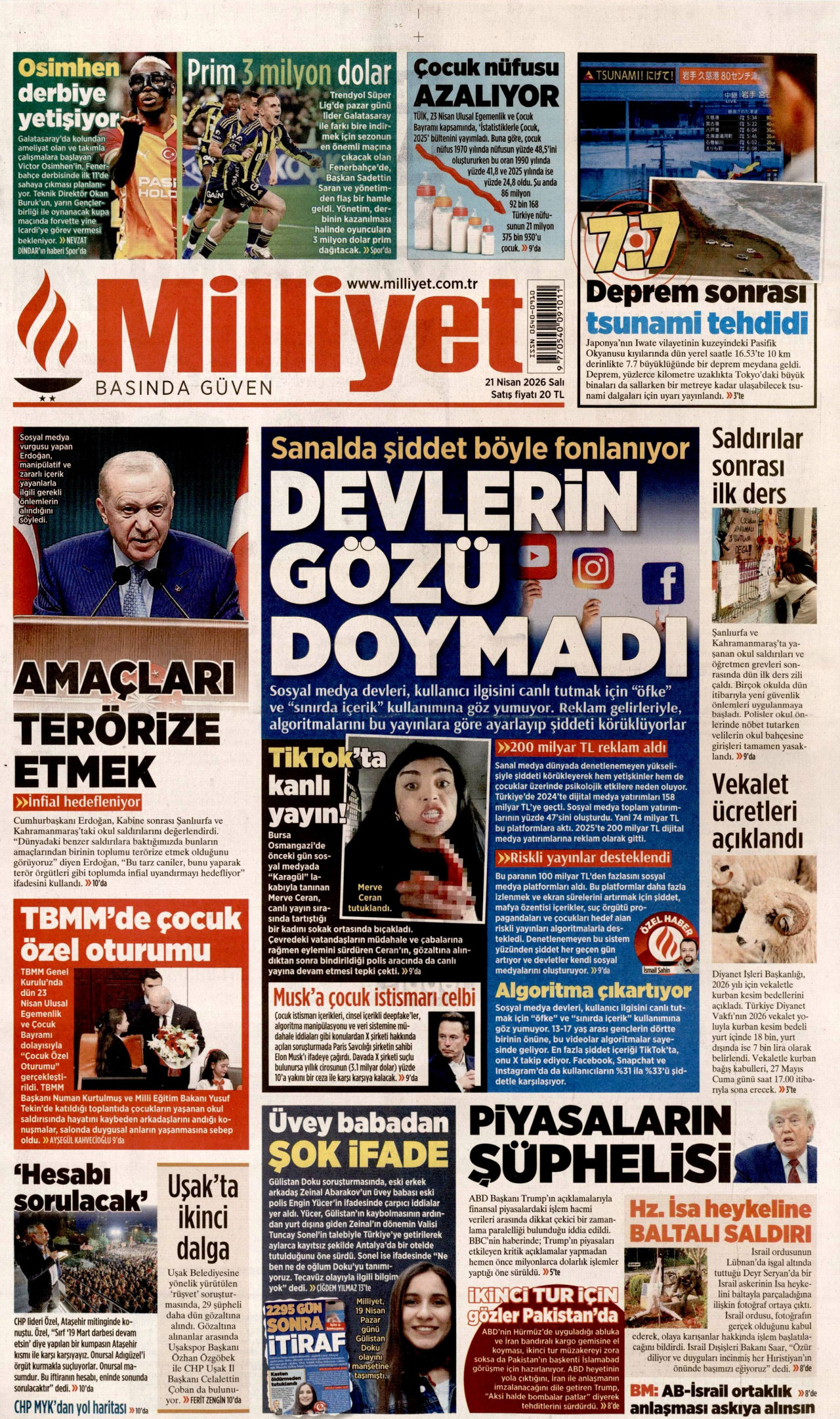 MİLLİYET gazetesinin 21 Nisan 2026 tarihli birinci sayfası
