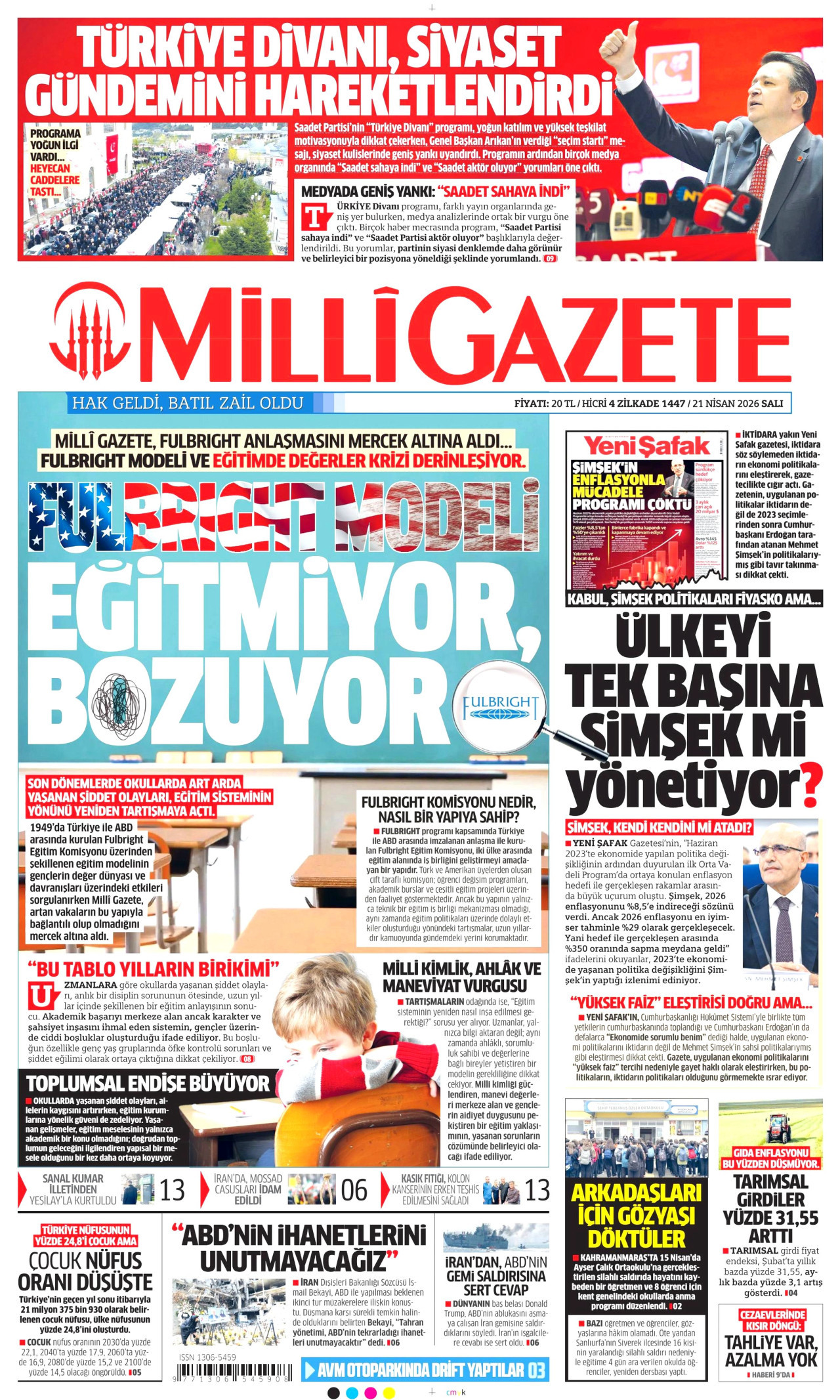 MİLLİ GAZETE gazetesinin 21 Nisan 2026 tarihli birinci sayfası
