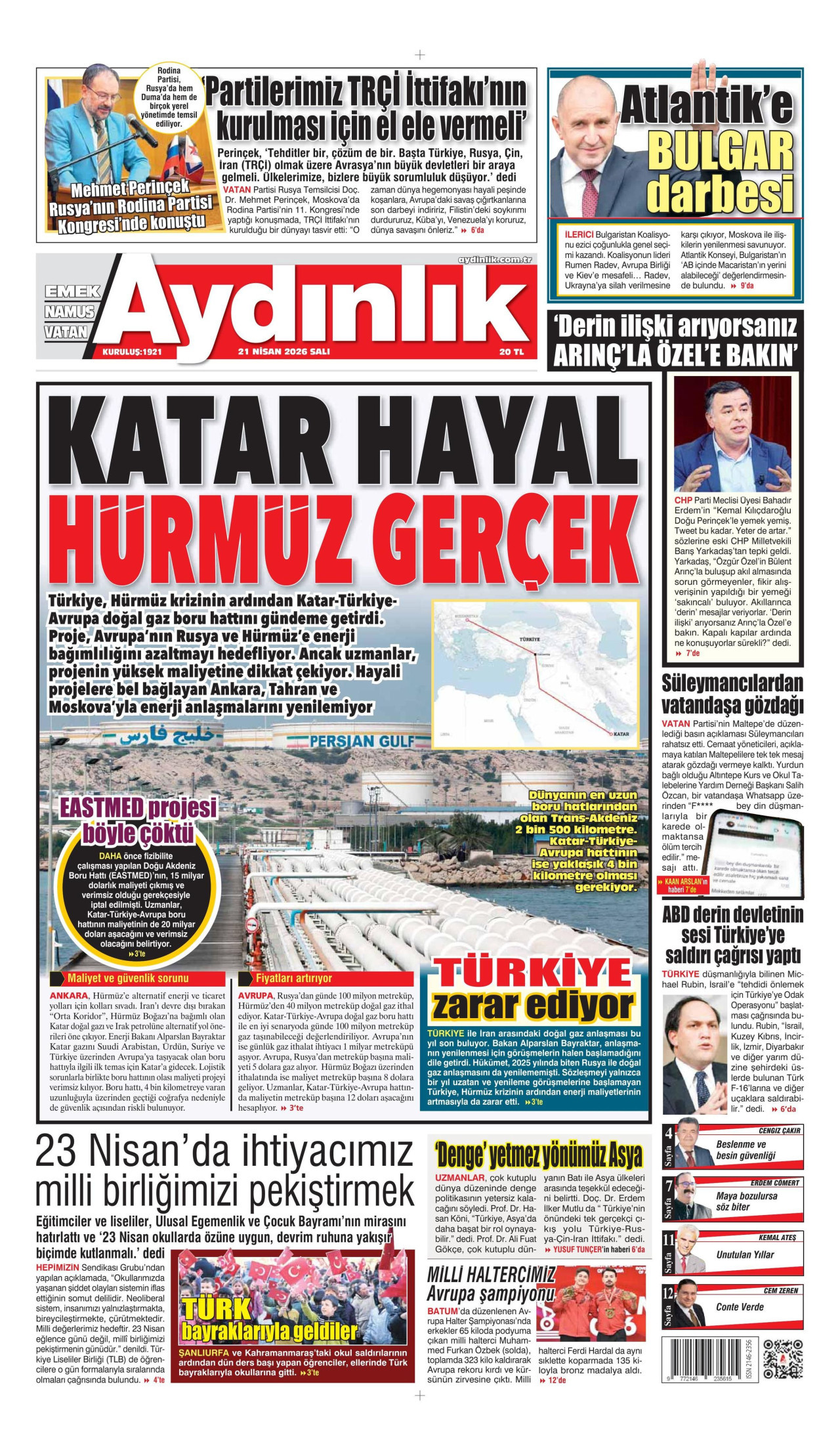 AYDINLIK GAZETESİ gazetesinin 21 Nisan 2026 tarihli birinci sayfası