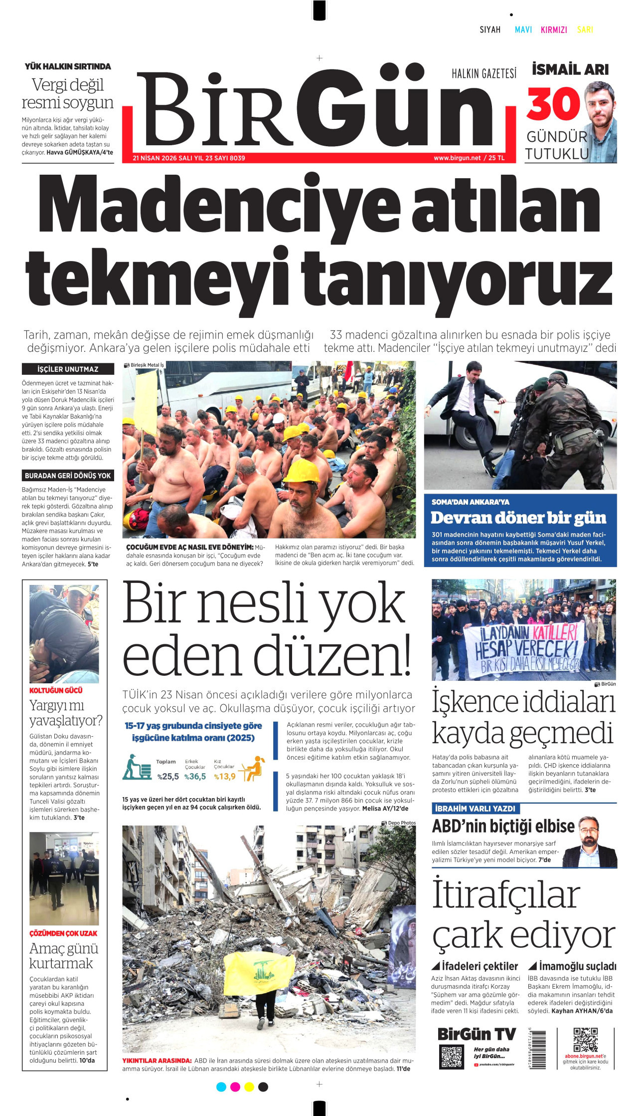 BİRGÜN gazetesinin 21 Nisan 2026 tarihli birinci sayfası