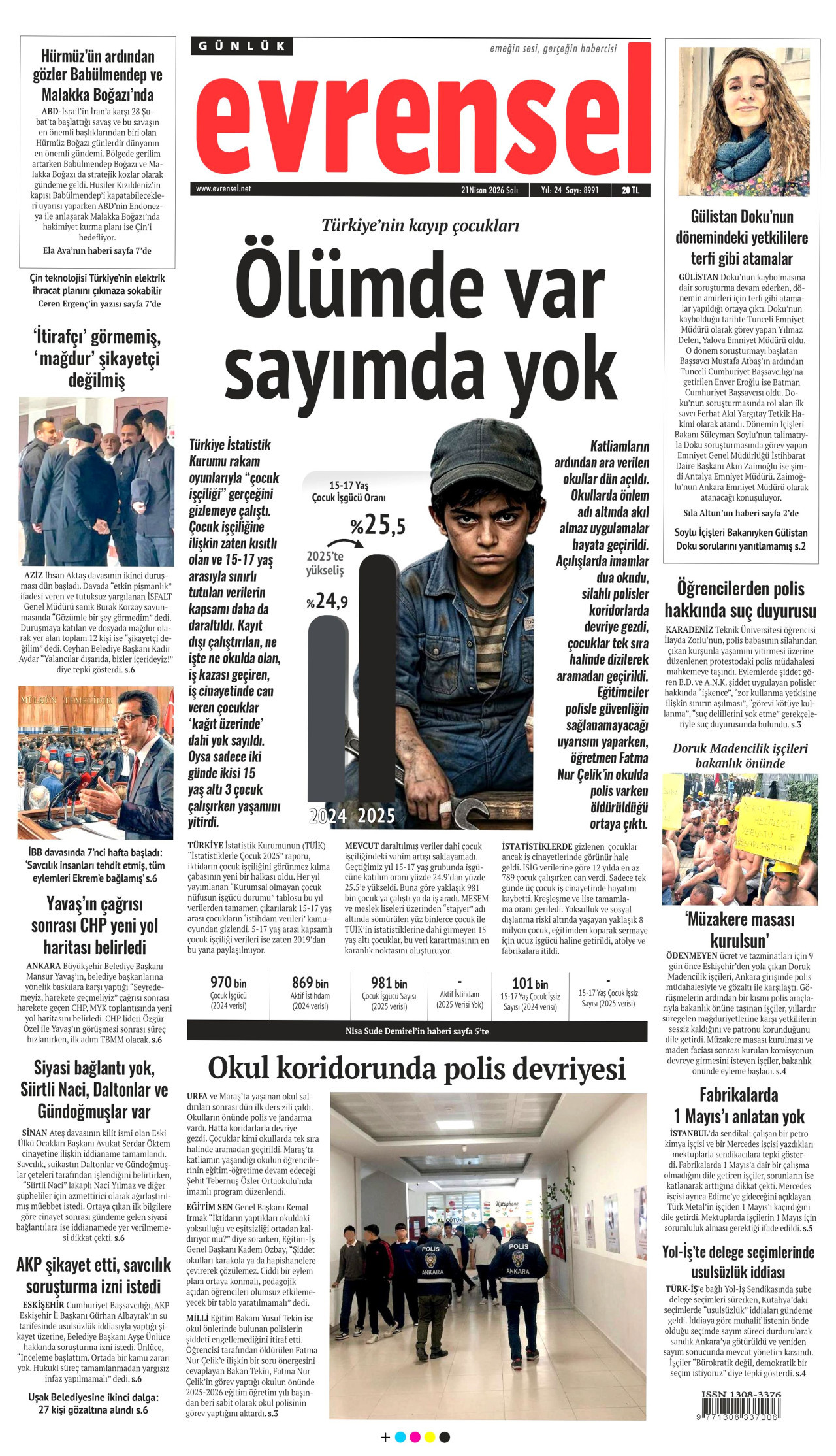 EVRENSEL gazetesinin 21 Nisan 2026 tarihli birinci sayfası
