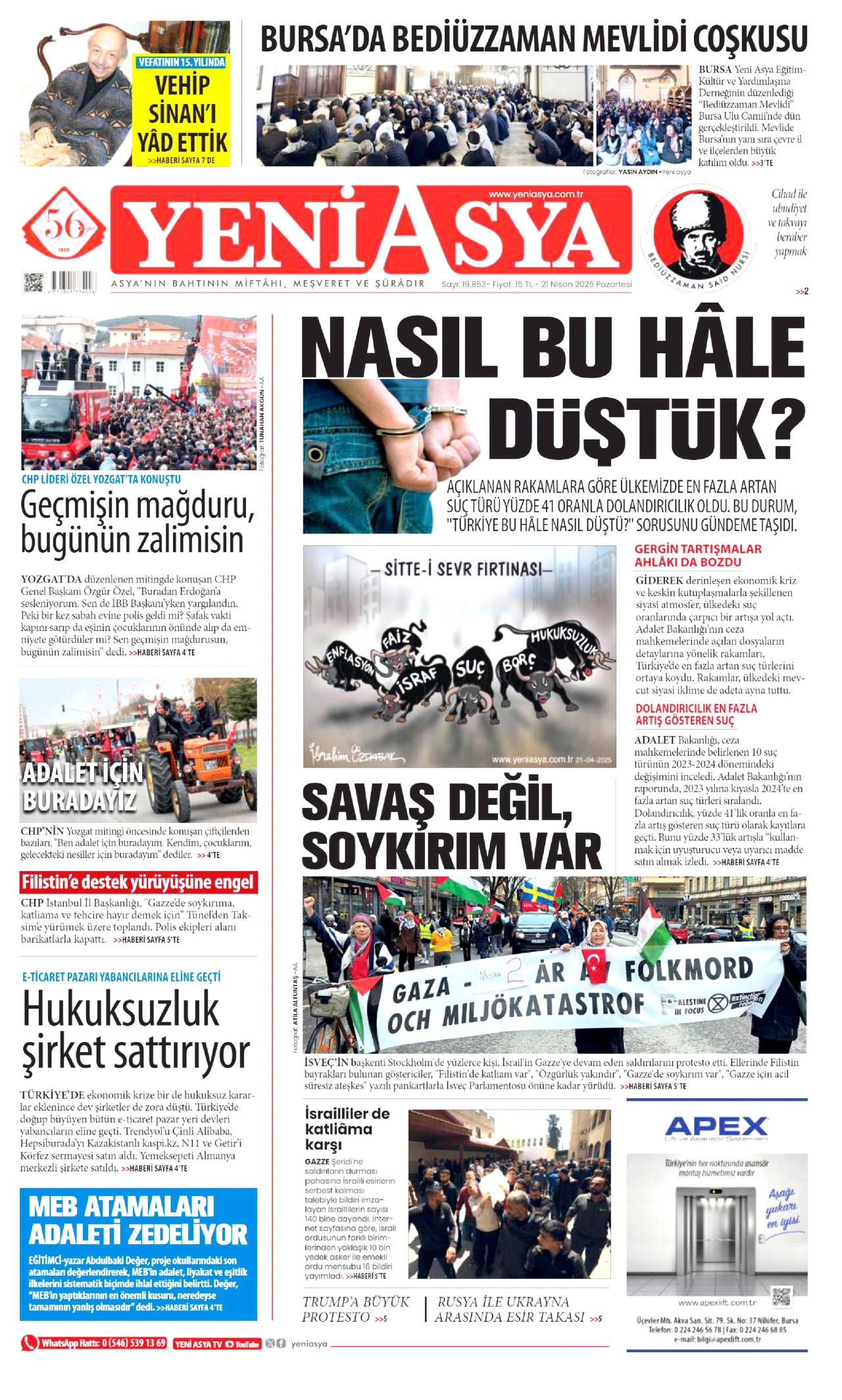 YENİ ASYA gazetesinin 21 Nisan 2026 tarihli birinci sayfası