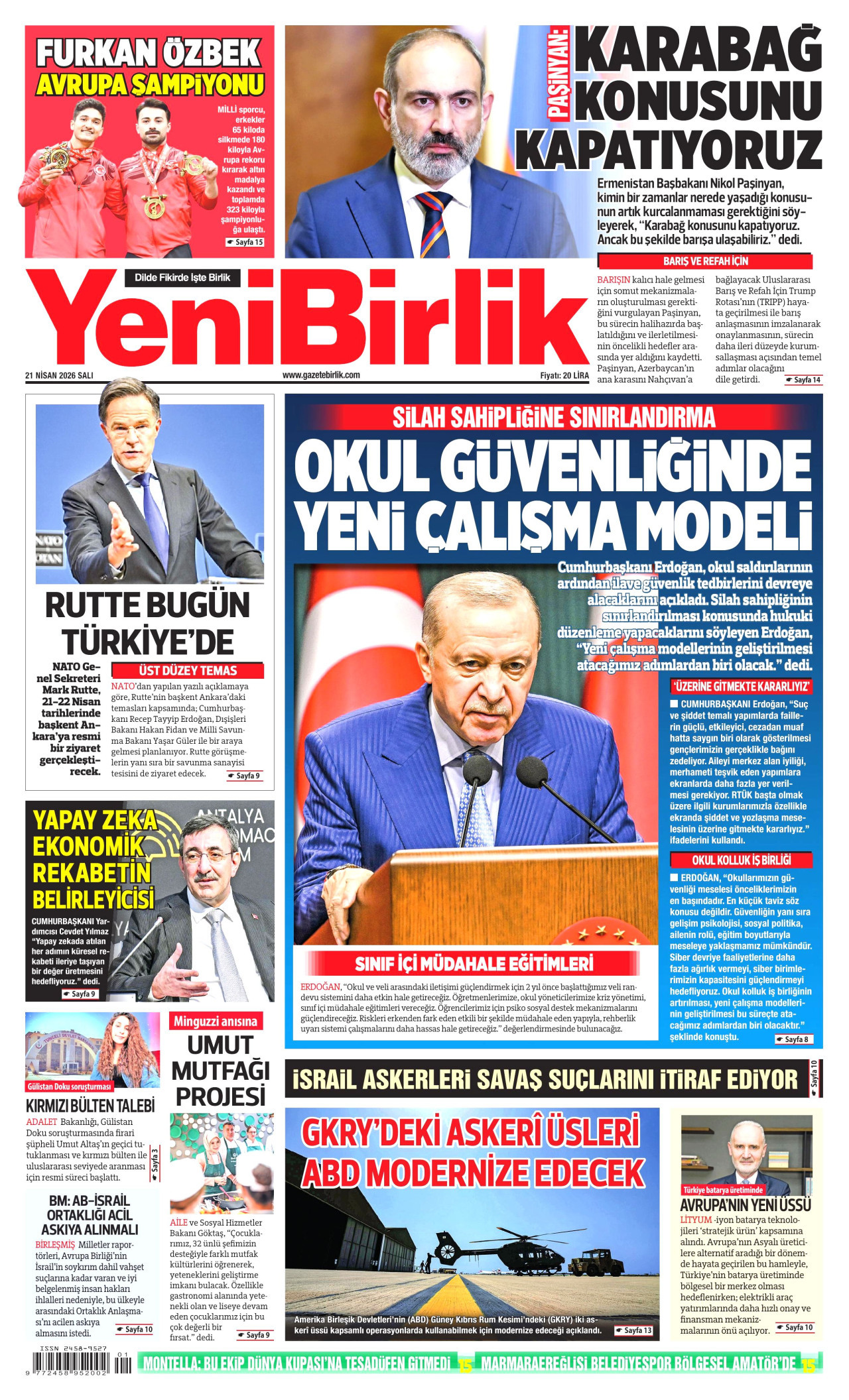 YENİBİRLİK gazetesinin 21 Nisan 2026 tarihli birinci sayfası