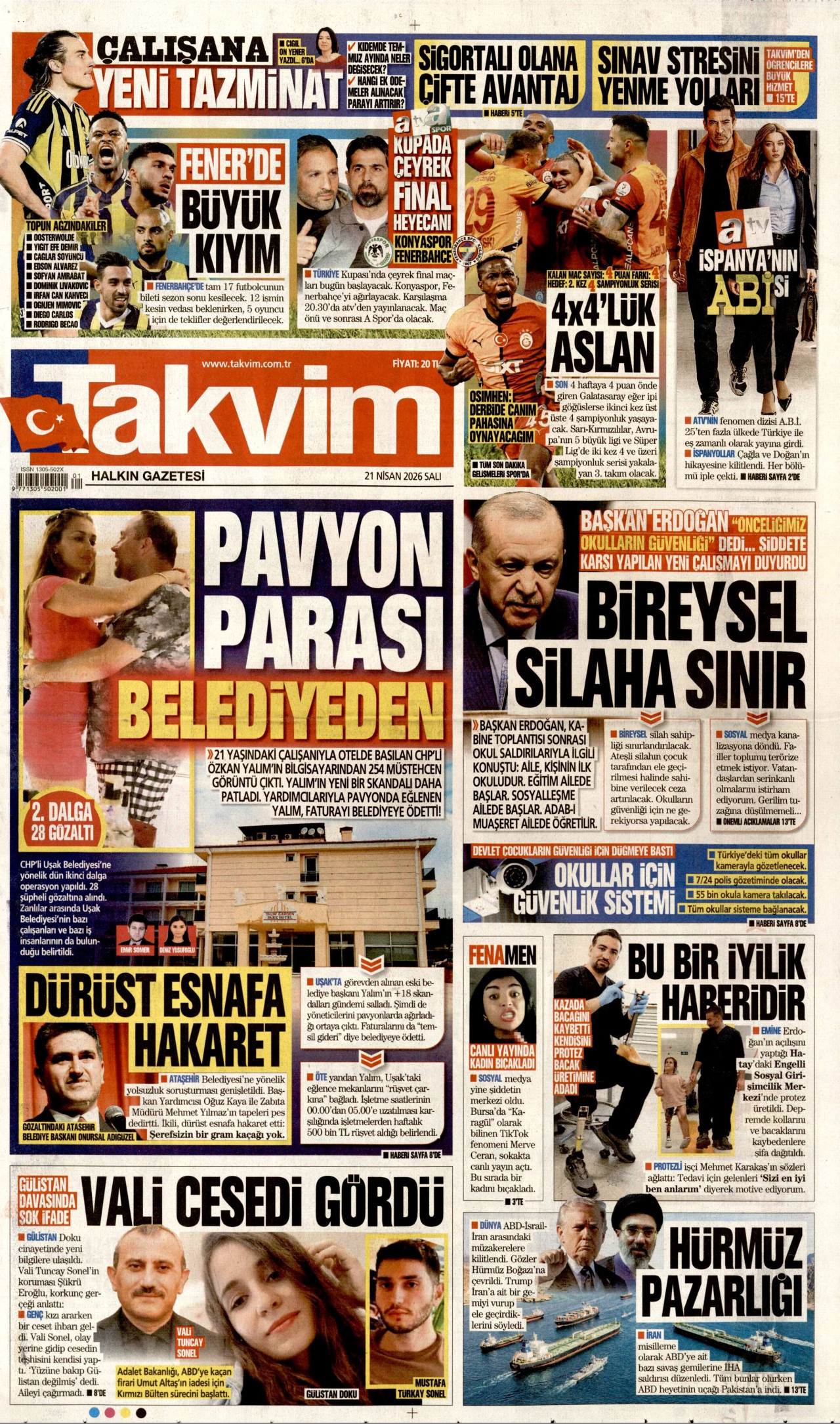 TAKVİM gazetesinin 21 Nisan 2026 tarihli birinci sayfası