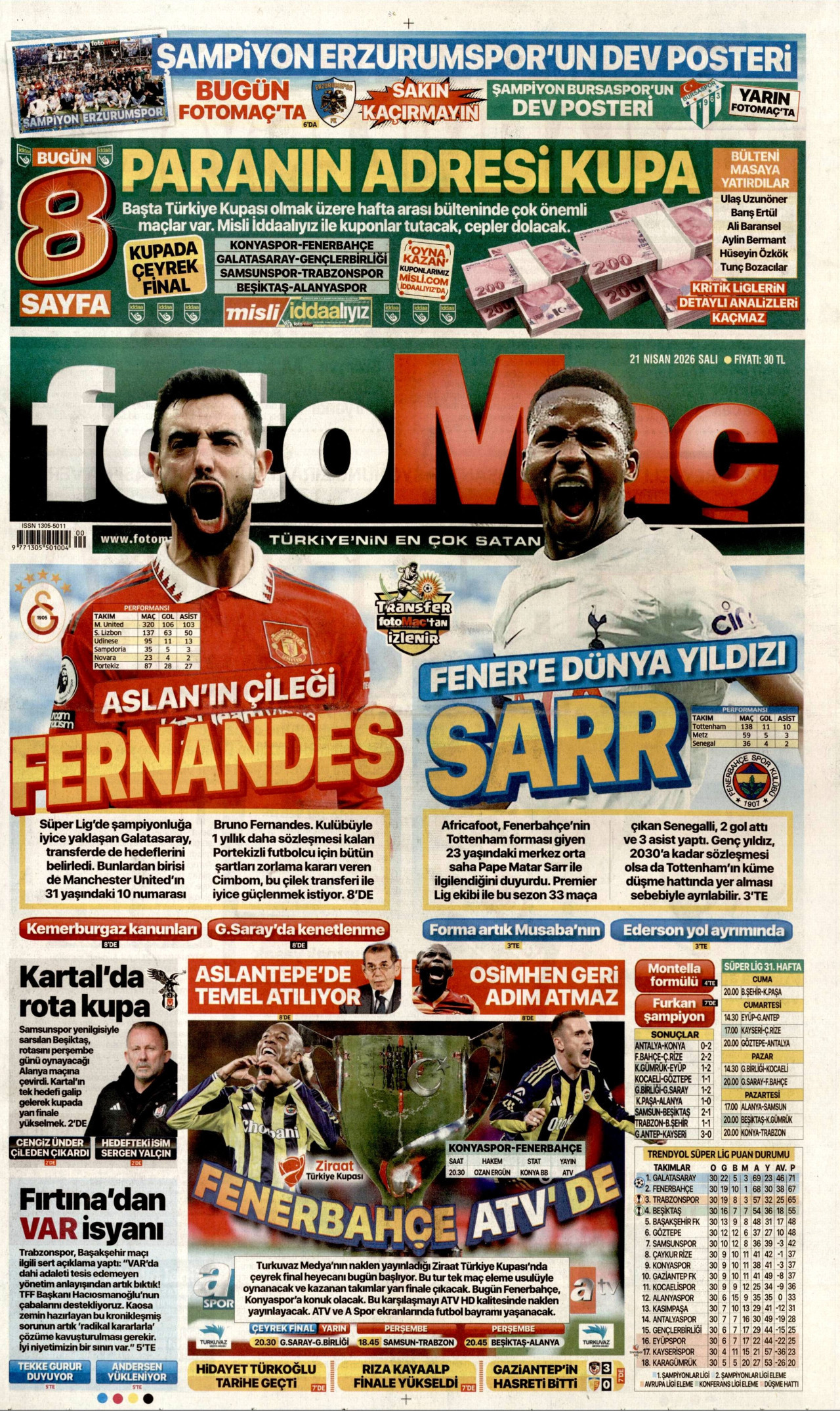 FOTOMAÇ gazetesinin 21 Nisan 2026 tarihli birinci sayfası