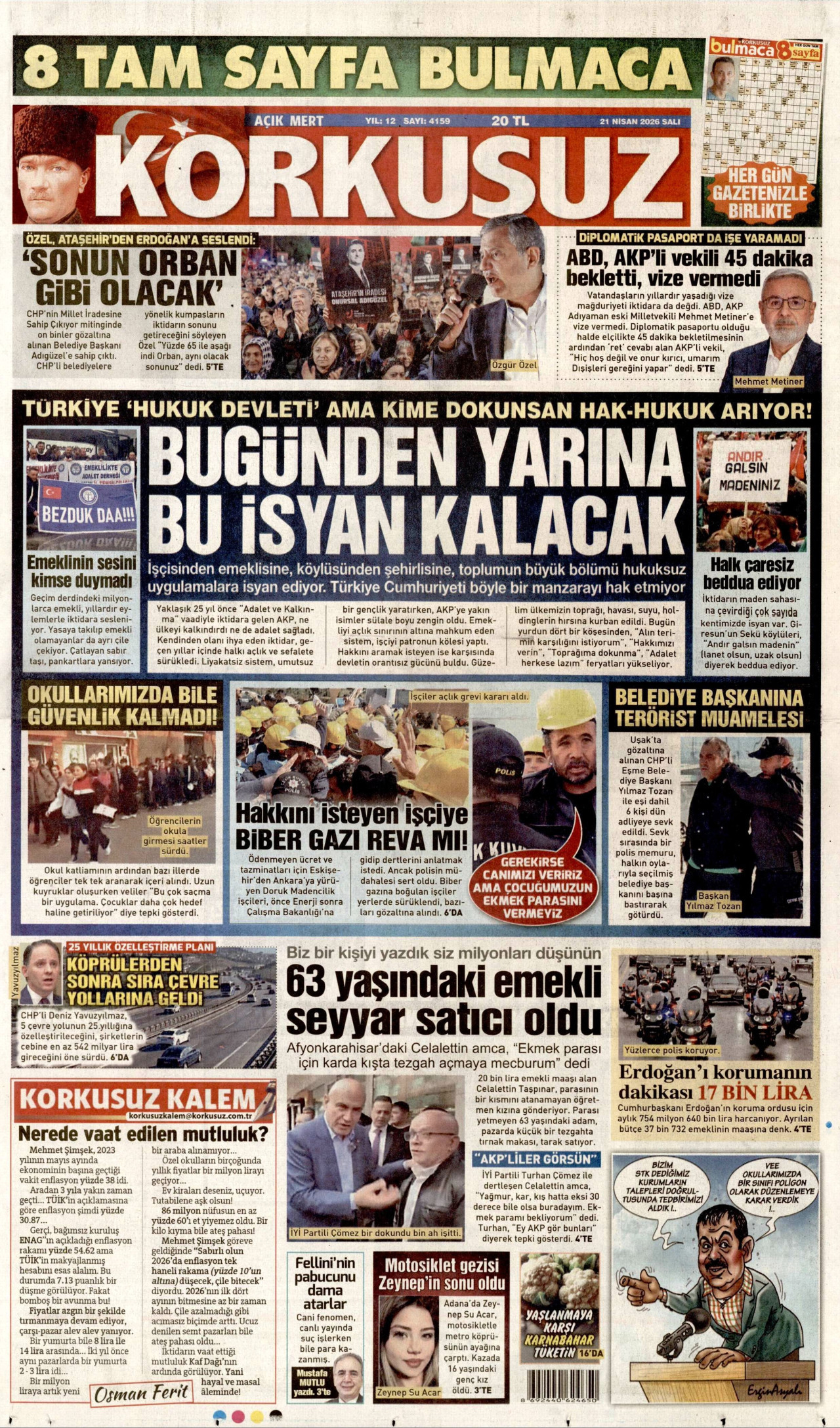 KORKUSUZ gazetesinin 21 Nisan 2026 tarihli birinci sayfası