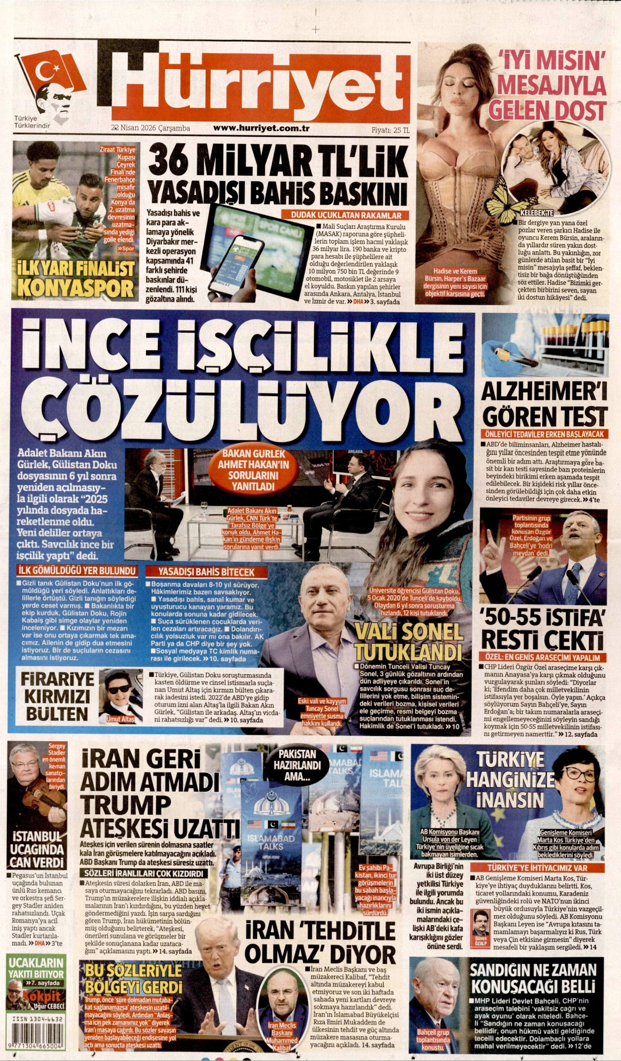HÜRRİYET gazetesinin 22 Nisan 2026 tarihli birinci sayfası