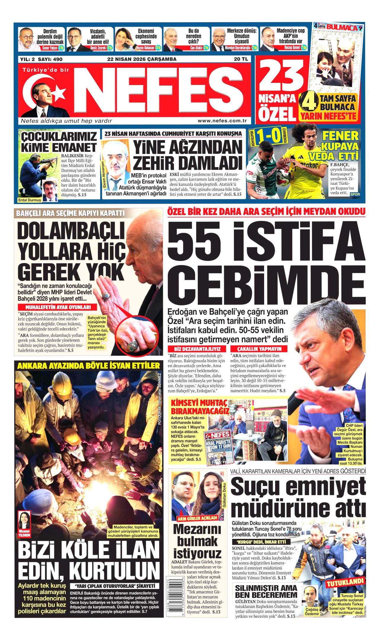 NEFES gazetesinin 22 Nisan 2026 tarihli birinci sayfası