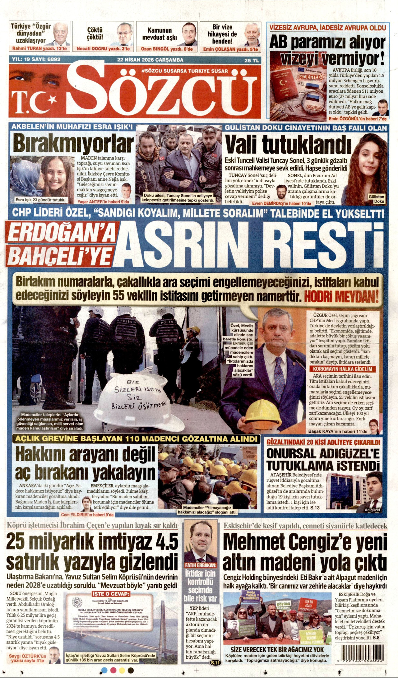 SÖZCÜ gazetesinin 22 Nisan 2026 tarihli birinci sayfası