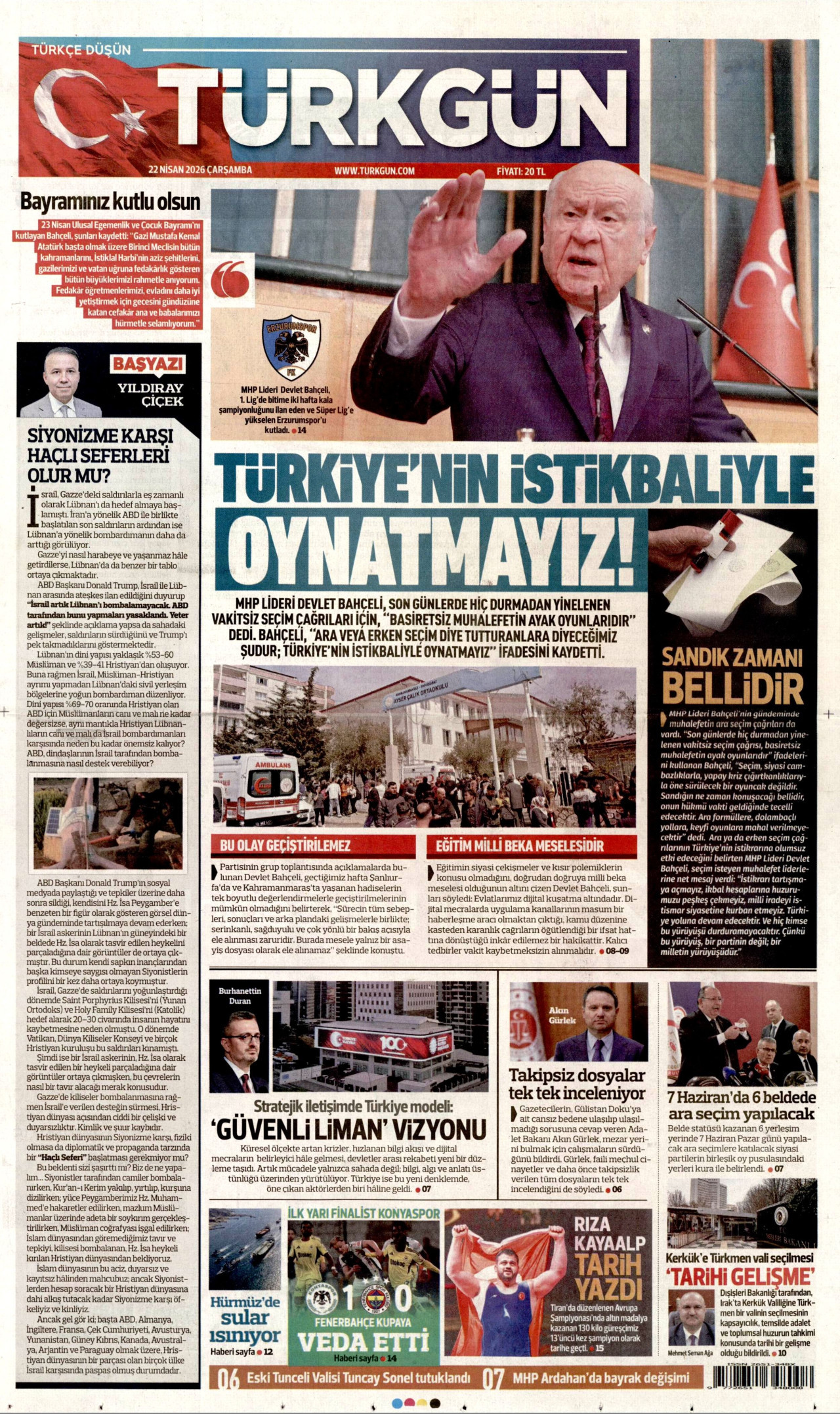 TÜRKGÜN gazetesinin 22 Nisan 2026 tarihli birinci sayfası