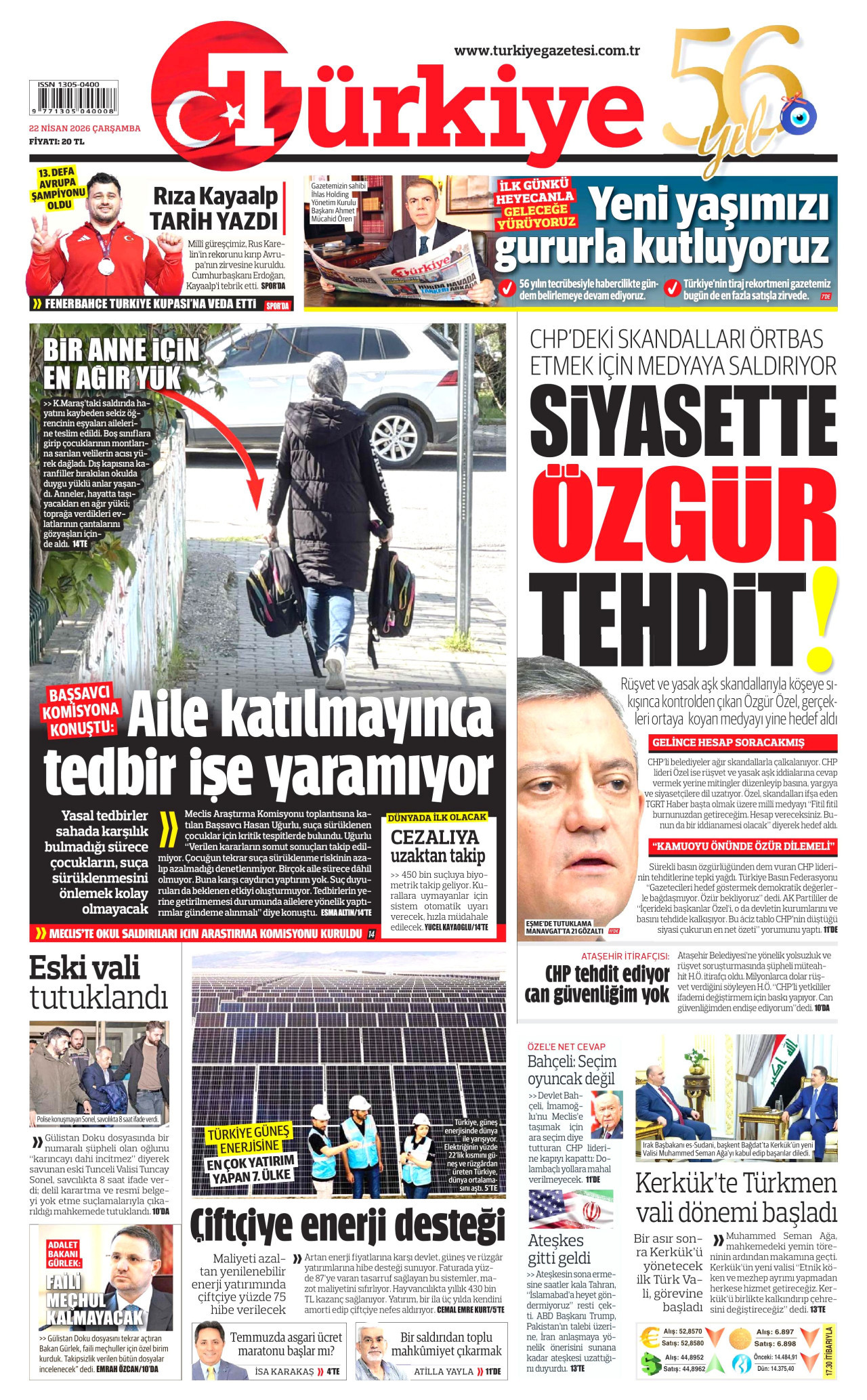 TÜRKİYE GAZETESİ gazetesinin 22 Nisan 2026 tarihli birinci sayfası