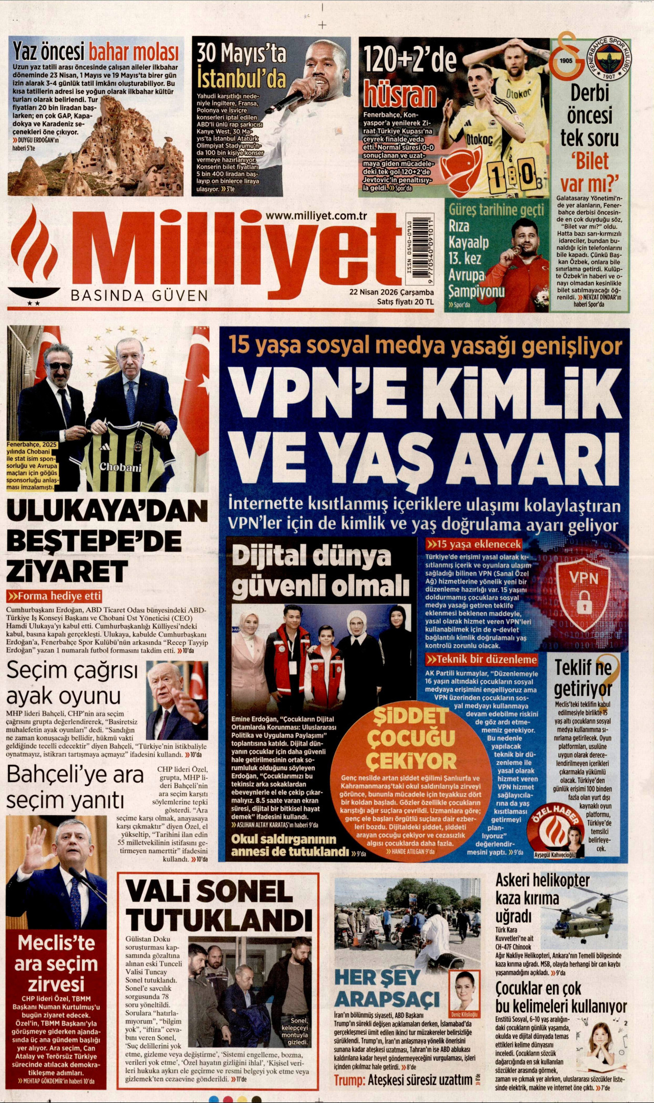 MİLLİYET gazetesinin 22 Nisan 2026 tarihli birinci sayfası