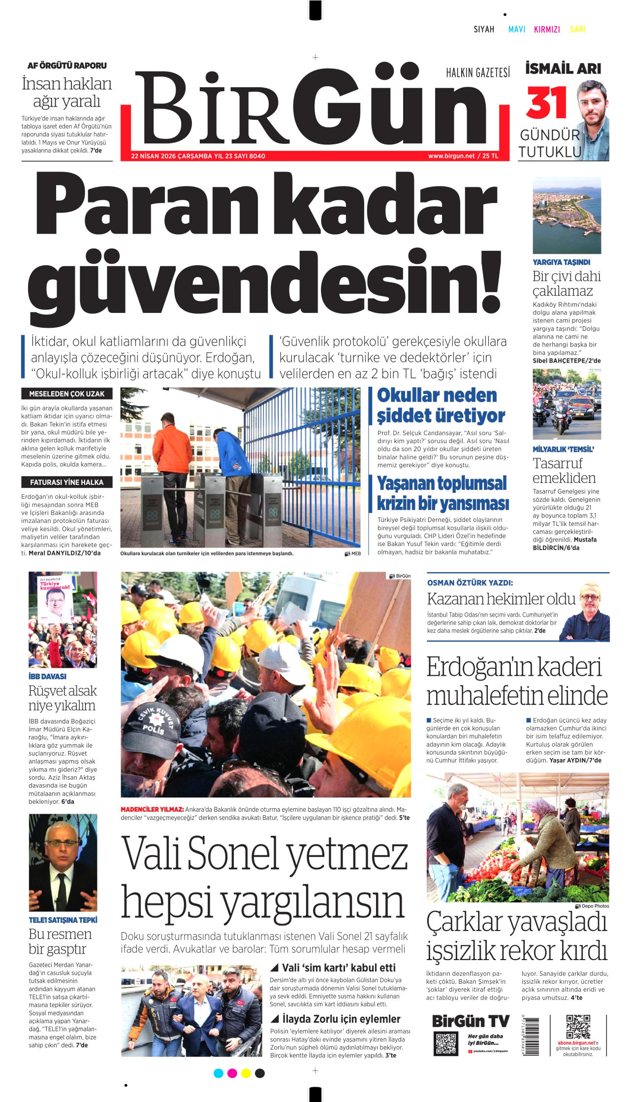 BİRGÜN gazetesinin 22 Nisan 2026 tarihli birinci sayfası