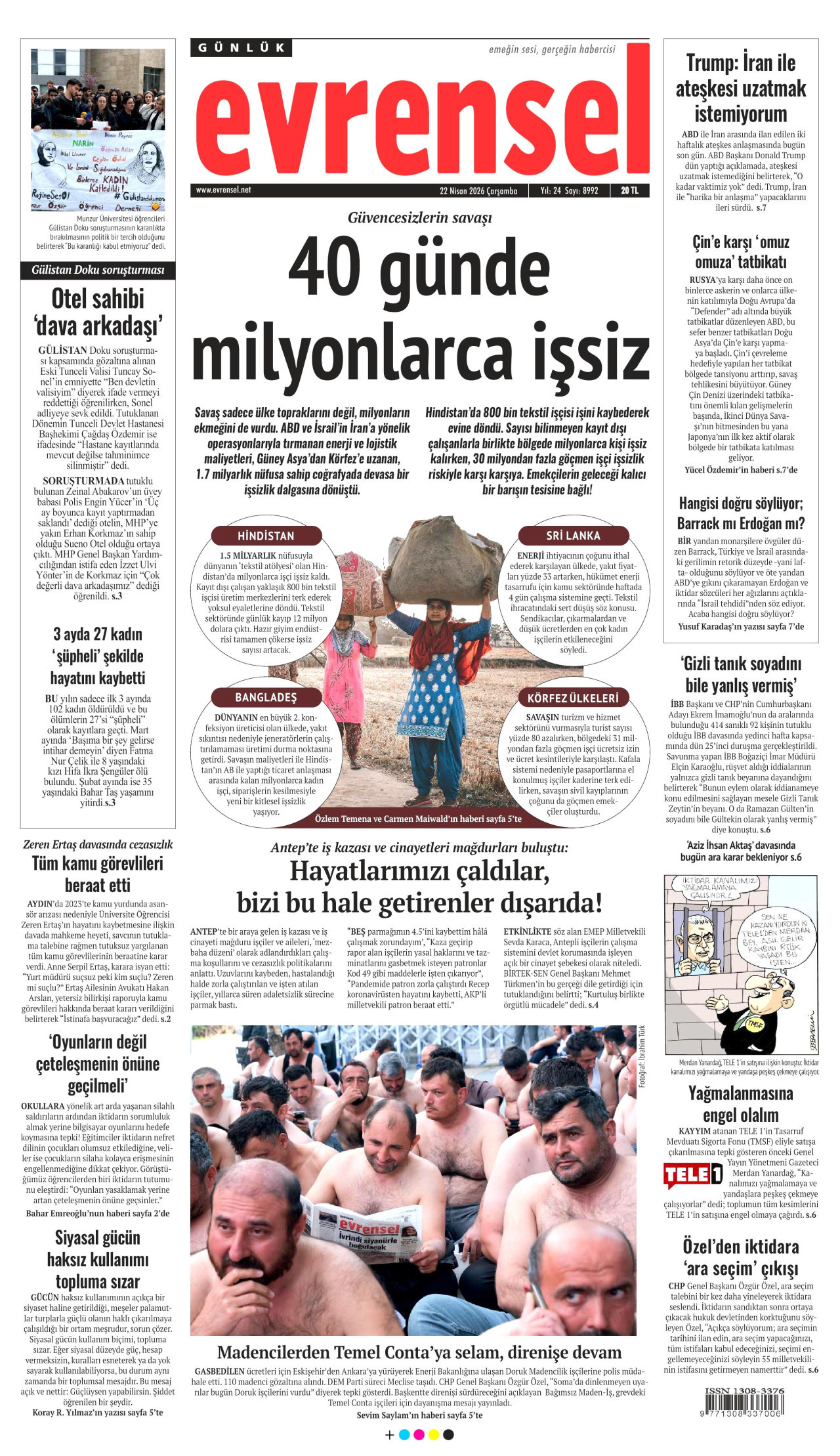 EVRENSEL gazetesinin 22 Nisan 2026 tarihli birinci sayfası