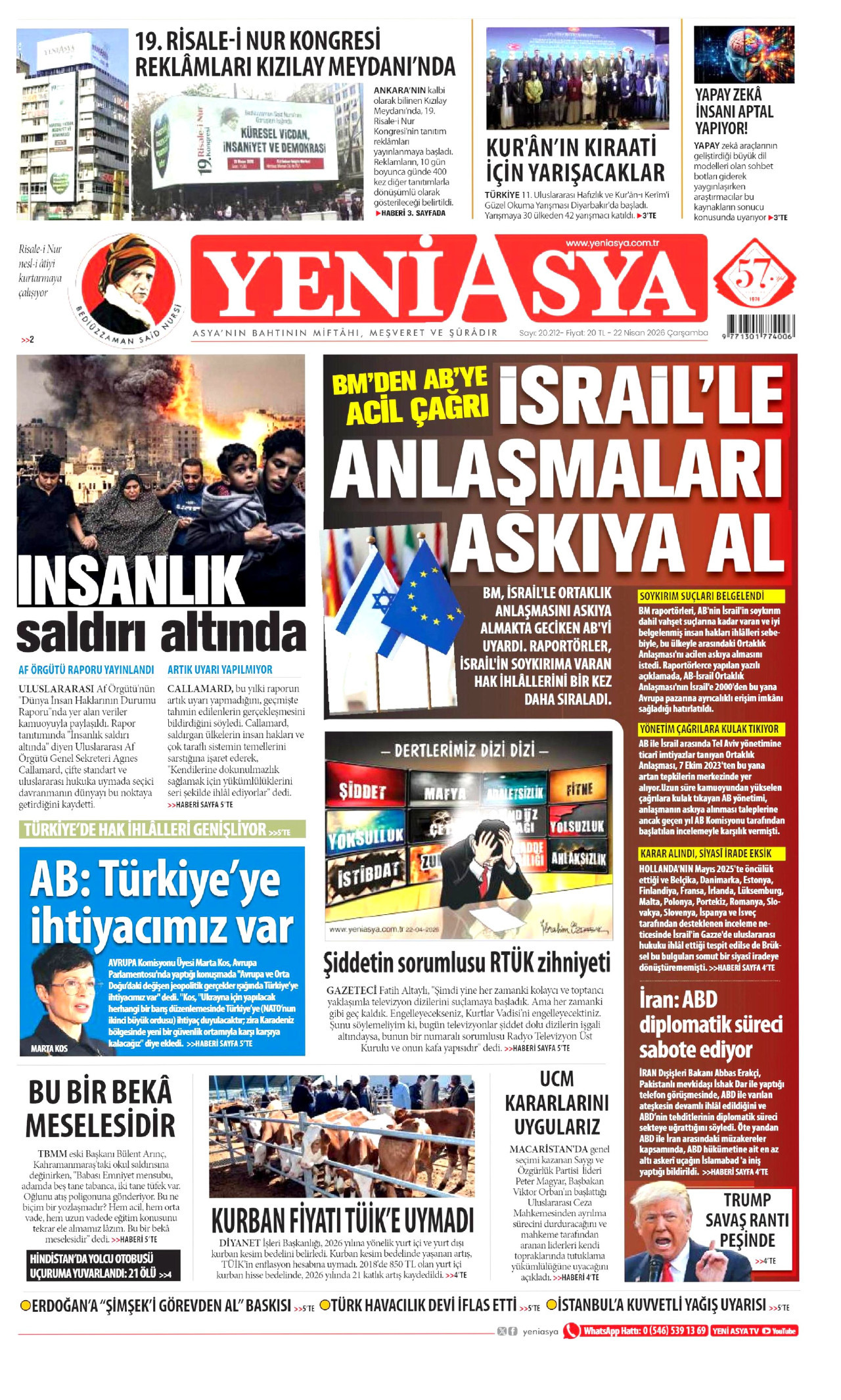 YENİ ASYA gazetesinin 22 Nisan 2026 tarihli birinci sayfası