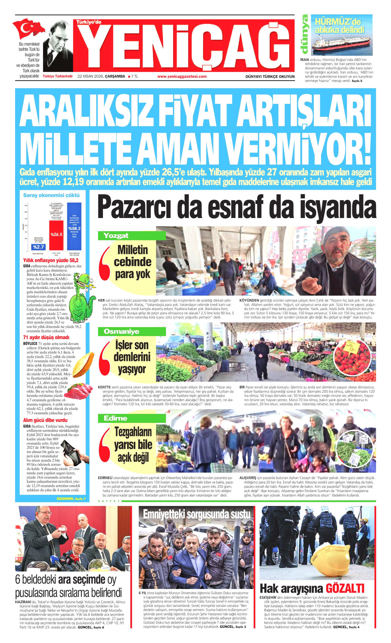 YENİÇAĞ gazetesinin 22 Nisan 2026 tarihli birinci sayfası