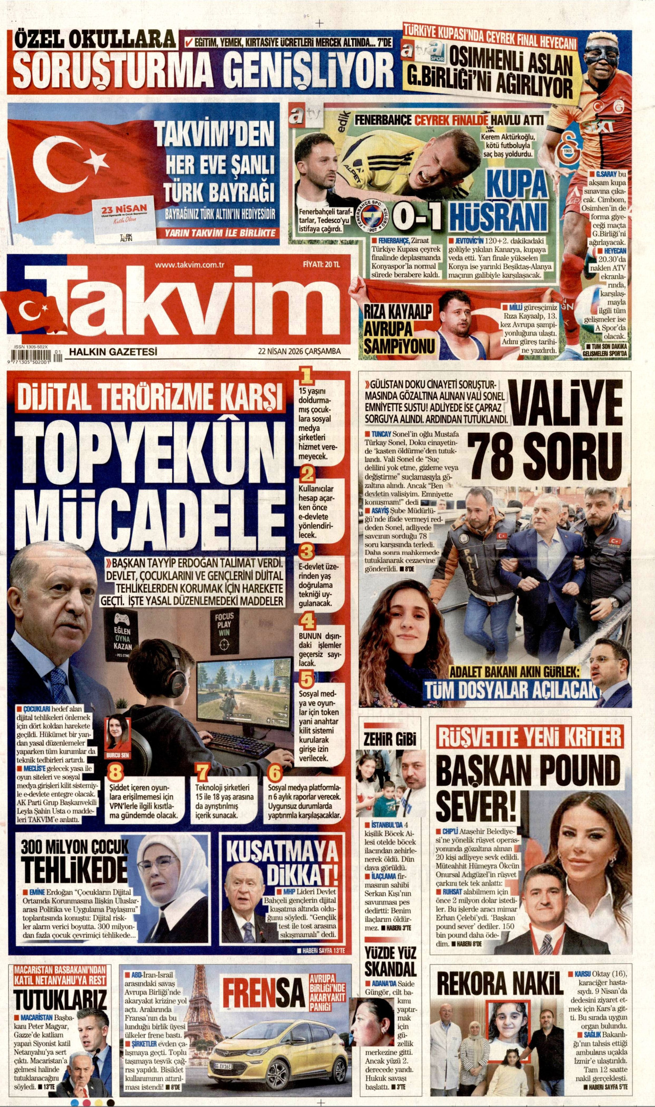 TAKVİM gazetesinin 22 Nisan 2026 tarihli birinci sayfası