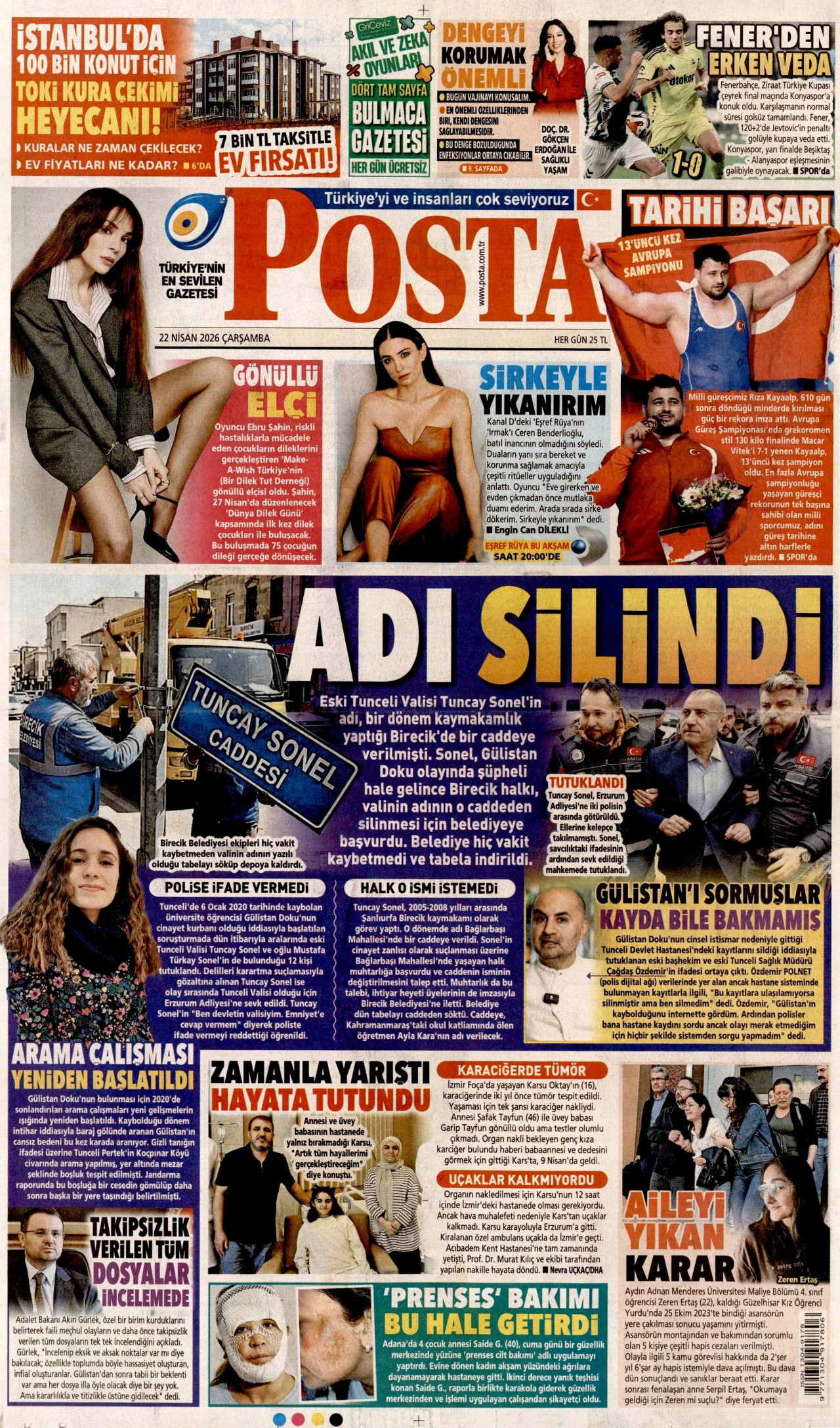 POSTA gazetesinin 22 Nisan 2026 tarihli birinci sayfası