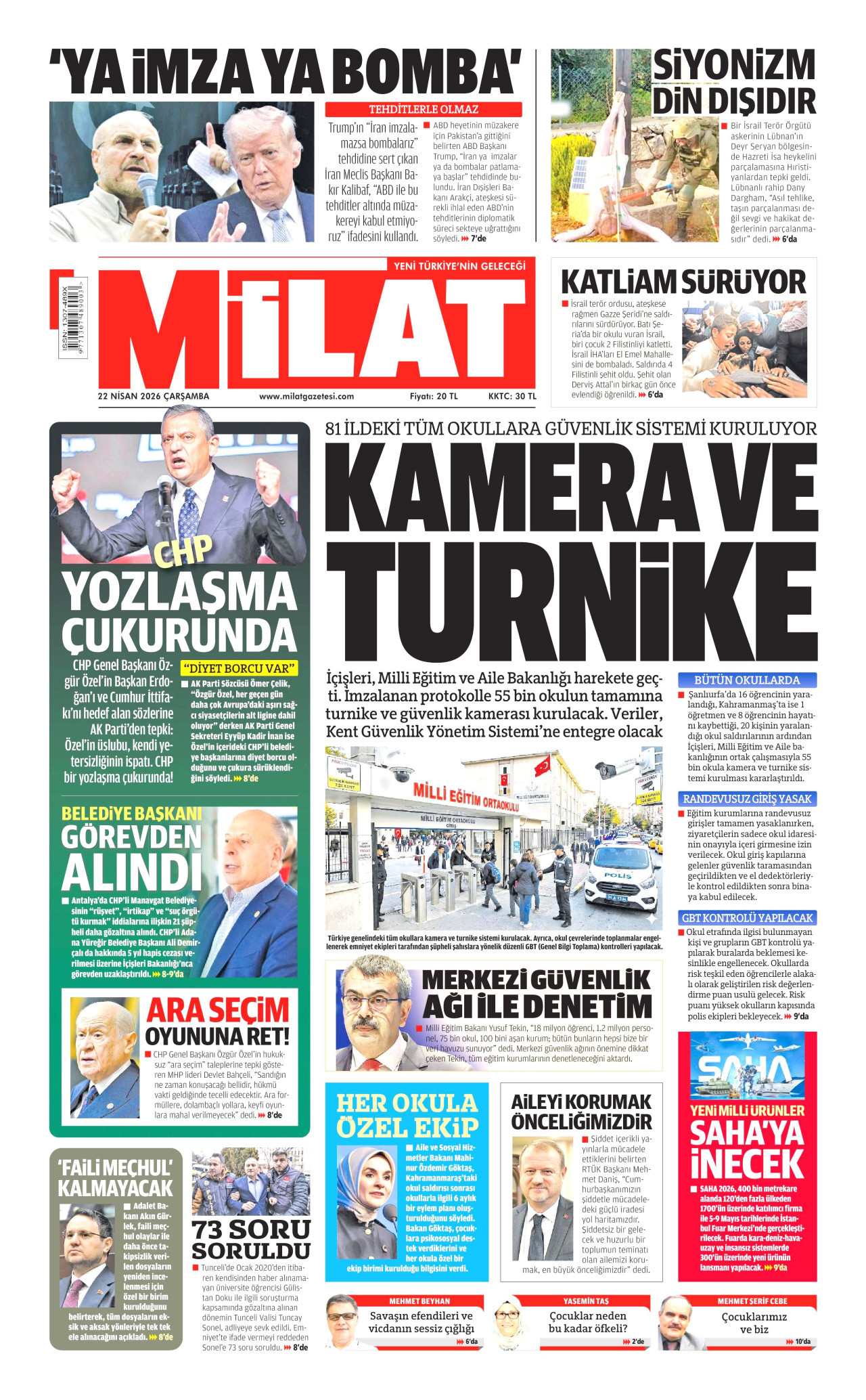 MİLAT gazetesinin 22 Nisan 2026 tarihli birinci sayfası
