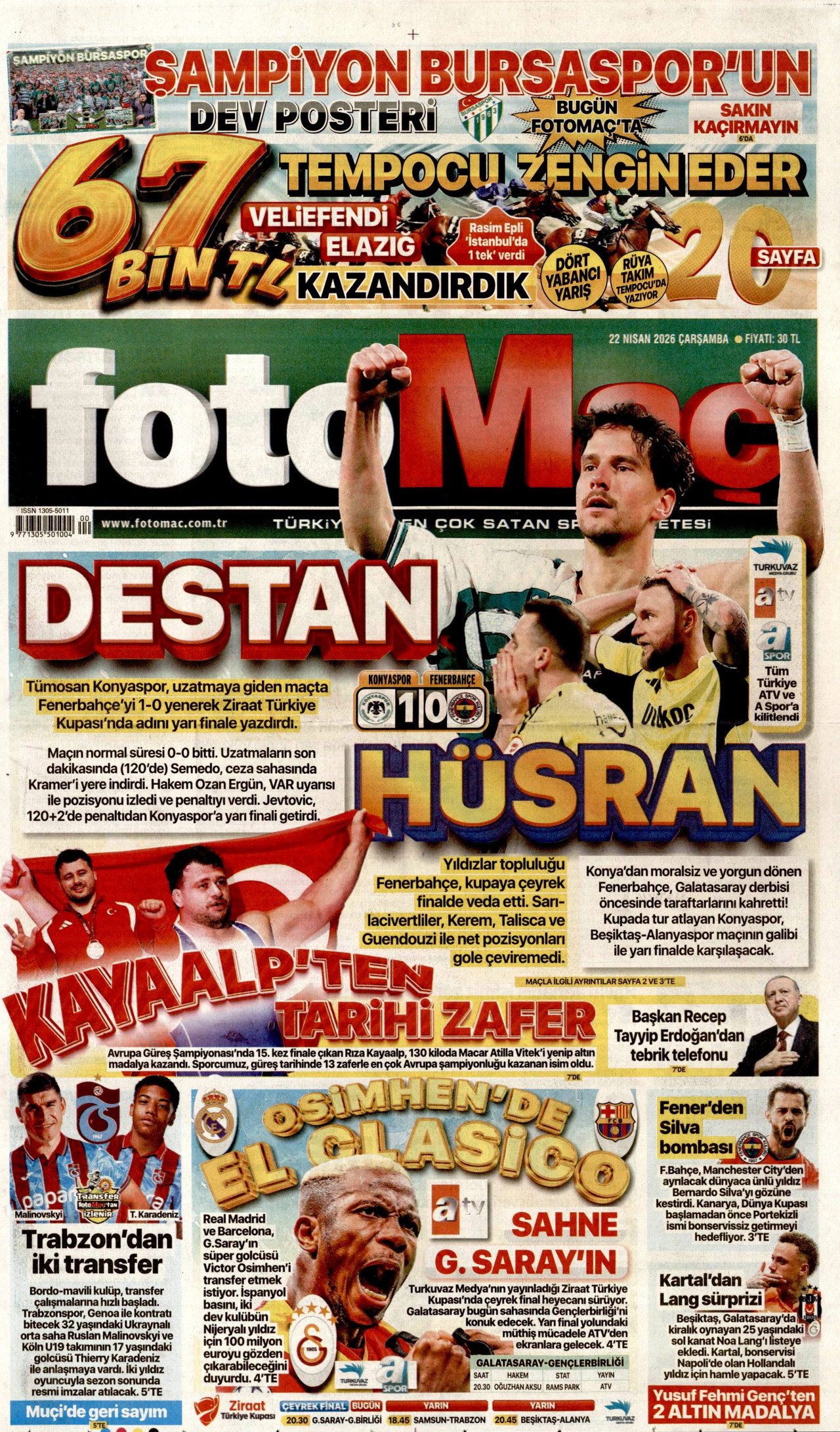 FOTOMAÇ gazetesinin 22 Nisan 2026 tarihli birinci sayfası