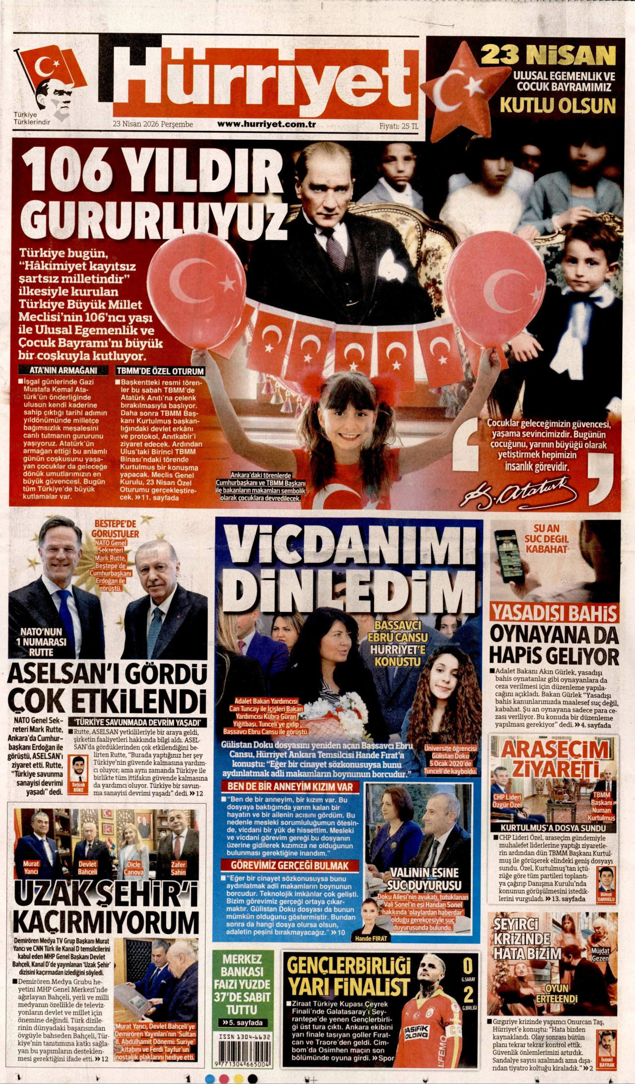 HÜRRİYET gazetesinin 23 Nisan 2026 tarihli birinci sayfası