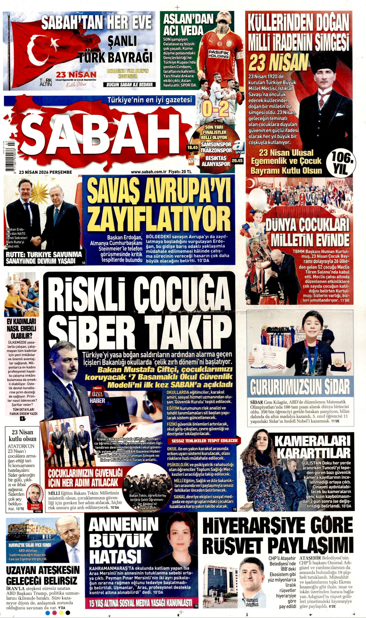 SABAH gazetesinin 23 Nisan 2026 tarihli birinci sayfası