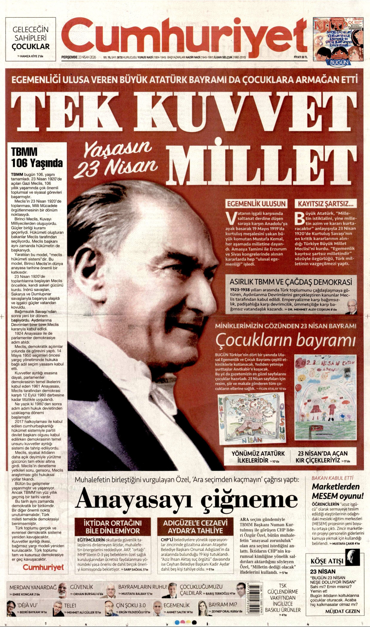 CUMHURİYET gazetesinin 23 Nisan 2026 tarihli birinci sayfası