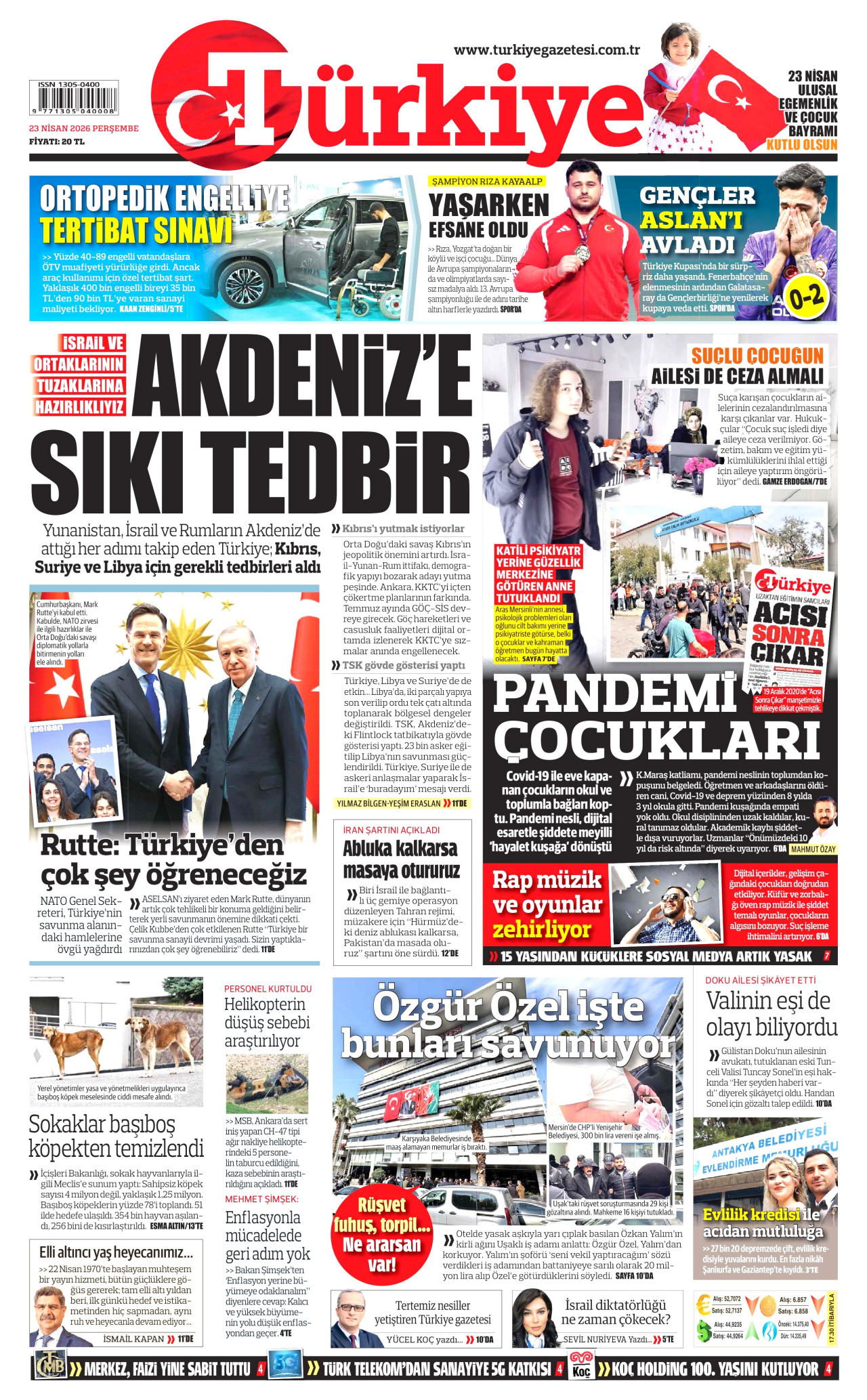 TÜRKİYE GAZETESİ gazetesinin 23 Nisan 2026 tarihli birinci sayfası