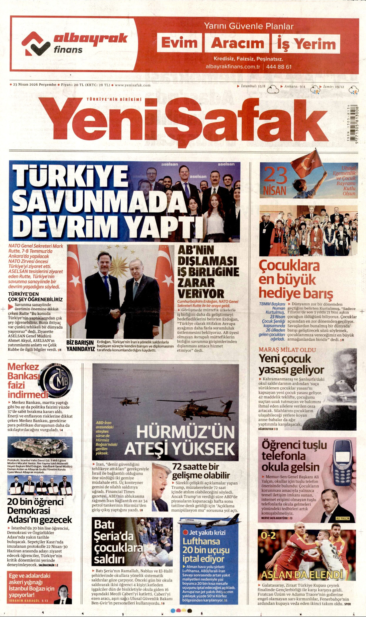YENİ ŞAFAK gazetesinin 23 Nisan 2026 tarihli birinci sayfası