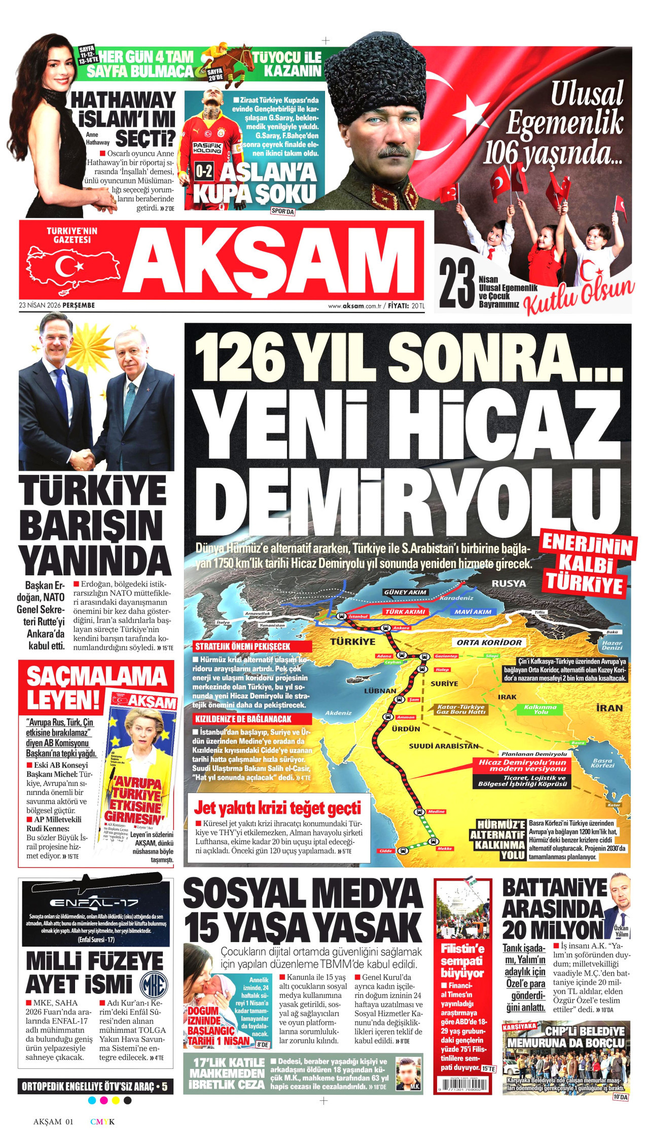 AKŞAM gazetesinin 23 Nisan 2026 tarihli birinci sayfası