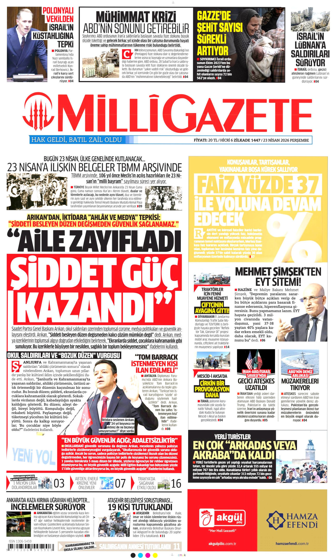 MİLLİ GAZETE gazetesinin 23 Nisan 2026 tarihli birinci sayfası