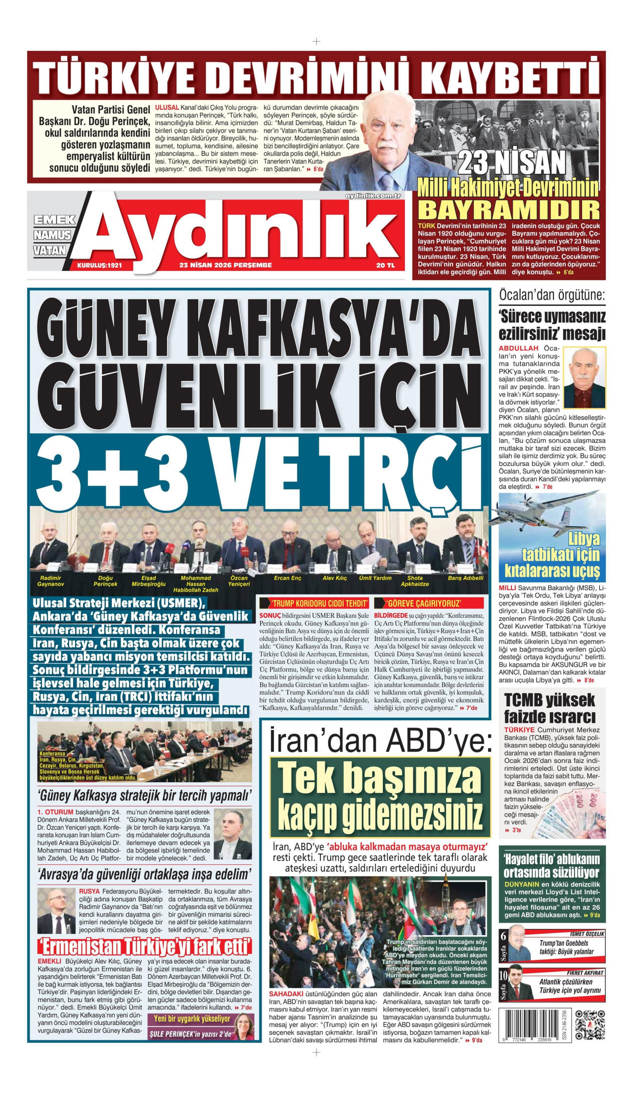 AYDINLIK GAZETESİ gazetesinin 23 Nisan 2026 tarihli birinci sayfası
