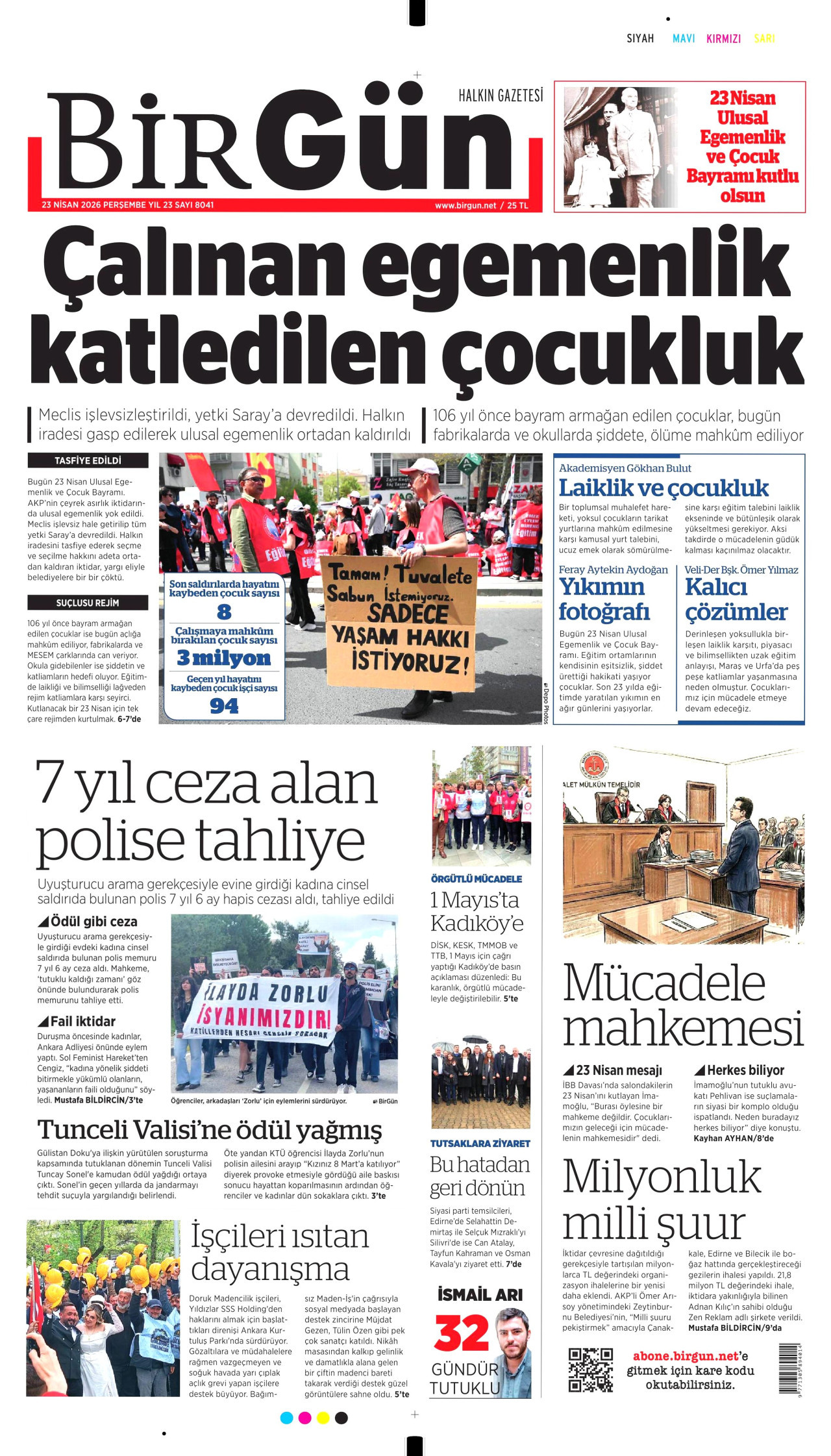 BİRGÜN gazetesinin 23 Nisan 2026 tarihli birinci sayfası